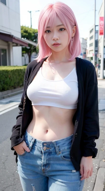 ((facing viewer)), (((smile)), Hoodie, Upper Body, (((show off nipple ))), at the street, japanese tiny lady, pale skin, pink bowl cut hair, ((standing)), high quality:1.3, shoot from below 2.0, Professional lighting:2.0 realistic:1.2, 4k resolution, detailed skin, masterpiece:1.1