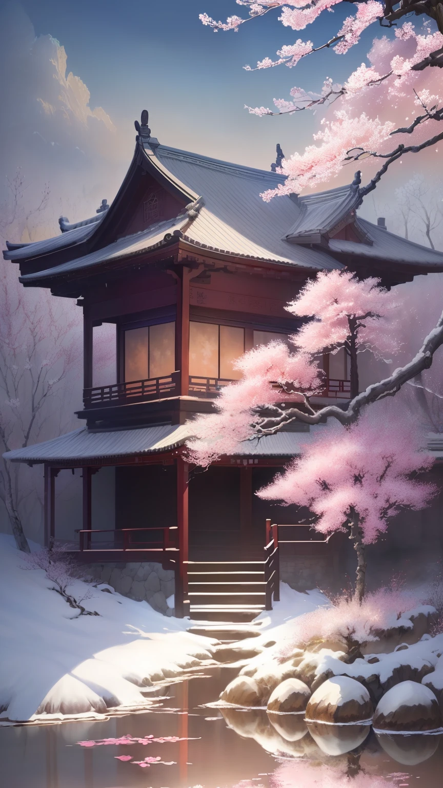 high quality, best quality, 8K CG, Ultra-detailed, HD, masterpiece, Watercolor oil painting，Danqing ink painting，Wintersweet trees blooming in winter，beautiful plum blossoms，antique art，The background  decorated with auspicious clouds and silk ribbons，Elegant and peaceful atmosphere，Concept art illustration，Ink painting color blooming，Light painting rendering，Still life scenes