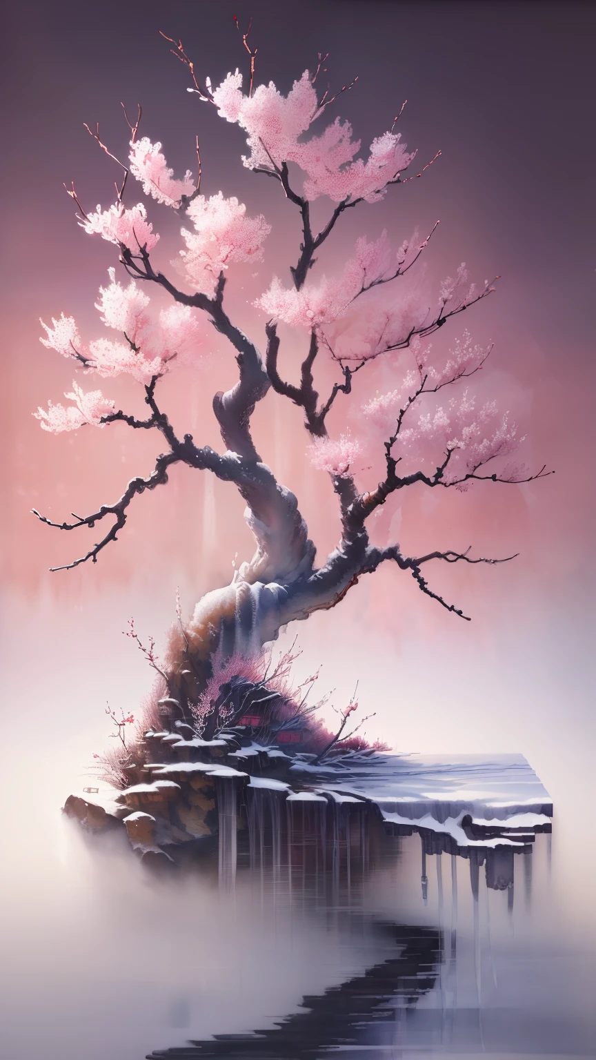 high quality, best quality, 8K CG, Ultra-detailed, HD, masterpiece, Watercolor oil painting,Danqing ink painting,Wintersweet trees blooming in winter,beautiful plum blossoms,antique art,The background decorated with auspicious clouds and silk ribbons,Elegant and peaceful atmosphere,Concept art illustration,Ink painting color blooming,Light painting rendering,Still life scenes