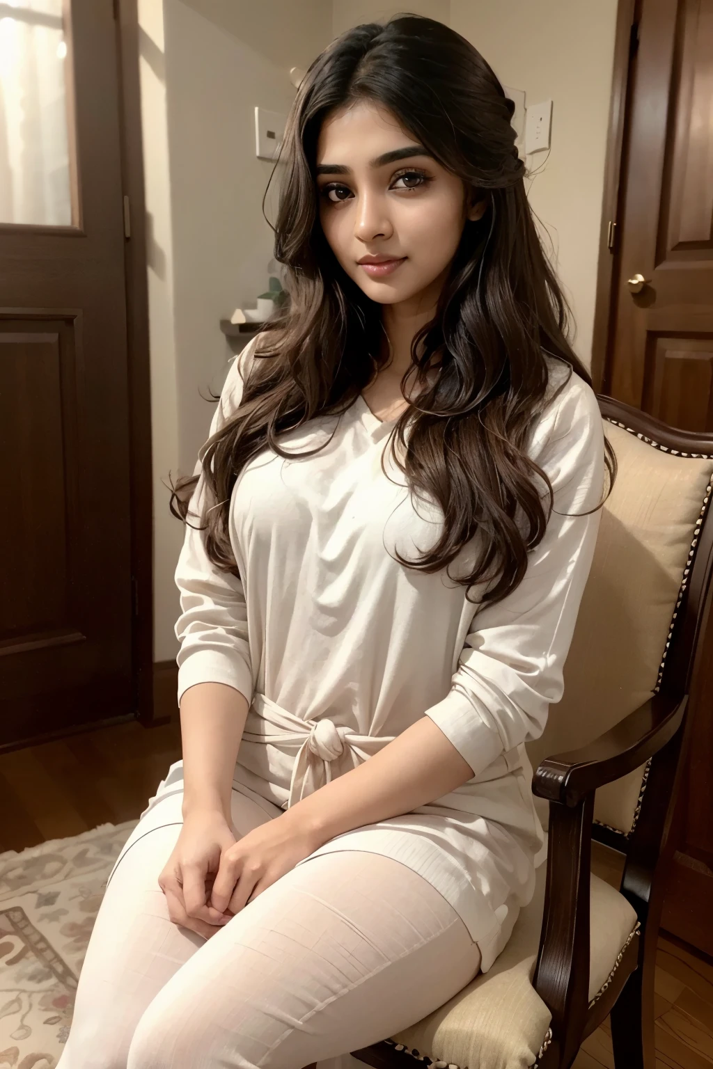 Young 24 year old Indian girl, sitting in drawing room on a chair, scrolling her mobile phone, detailed body, detailed face, ultra realistic, charming, cute, big hazel eyes with long curly hair, ambient lighting, winter, detailed background, 8k