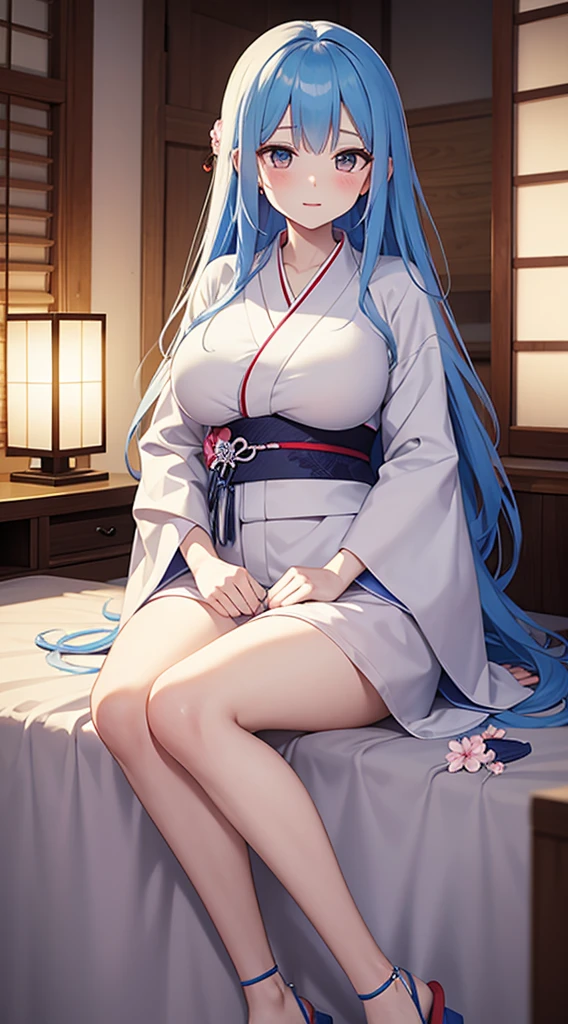 Beautiful woman with big breasts、Sleeping in bed、Opened kimono、white kimono、Cherry blossom pattern、blue hair、brown eyes、long hair down to the waist、embarrassed face、Japanese-style room in the evening、｛Highest image quality｝