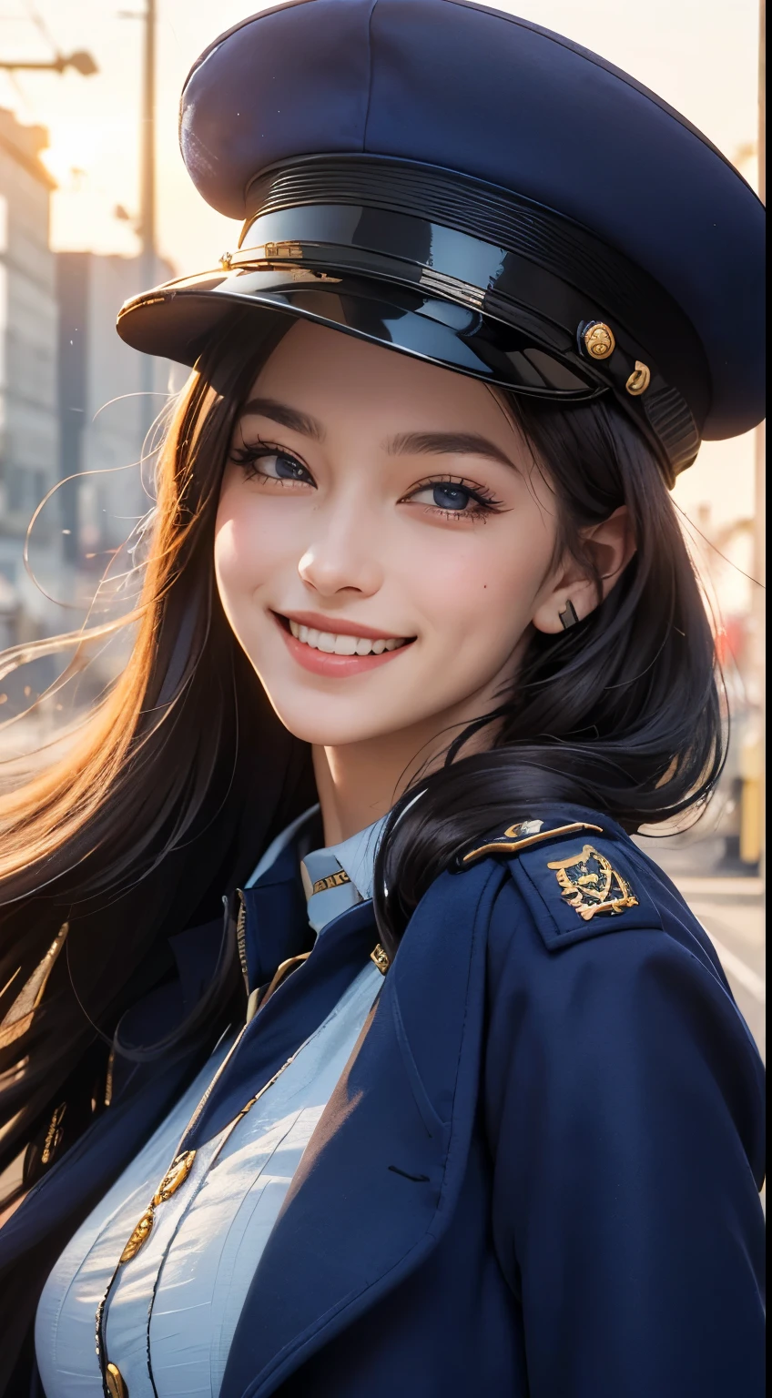 (UHD, retina, masterpiece, precise, anatomically correct, textured skin, Super details, high detail, high quality, best quality, high resolution, 1080P, HD, 4K, 8k, 16k), (Beautiful and delicate eyes, Beautiful and delicate lips, Extremely detailed eyes and face), studio lighting, Physically based rendering, bright colors, (, charming figure), (royal blue, Navy coat, rank insignia:1.5), (Peaked hat:1.2), business shirt, Gloves, (portrait, shiny hair, shiny skin, blush, hair blowing in the wind), (The sun sets over the horizon, Bokeh), eye reflex, black hair, (smile and laugh:1.5),