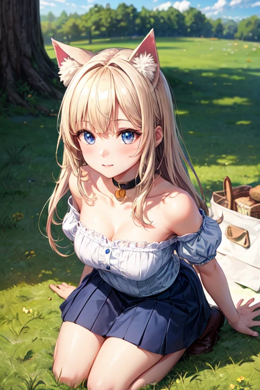 (best quality,ultra detail,illustration,sketch),extremely delicate and beautiful,scared, long hair, (beautiful detailed eyes),(beautiful detailed face),(beautiful detailed body),((full body)), cat ears, BREAK
1 girl,outdoor,sky,clods,tree,grass,kneeling on picnic blanket, BREAK
scene, BREAK
, bangs, bare shoulders, strapless dress, short sleeves, blue skirt, puffy sleeves, white collar, strapless,