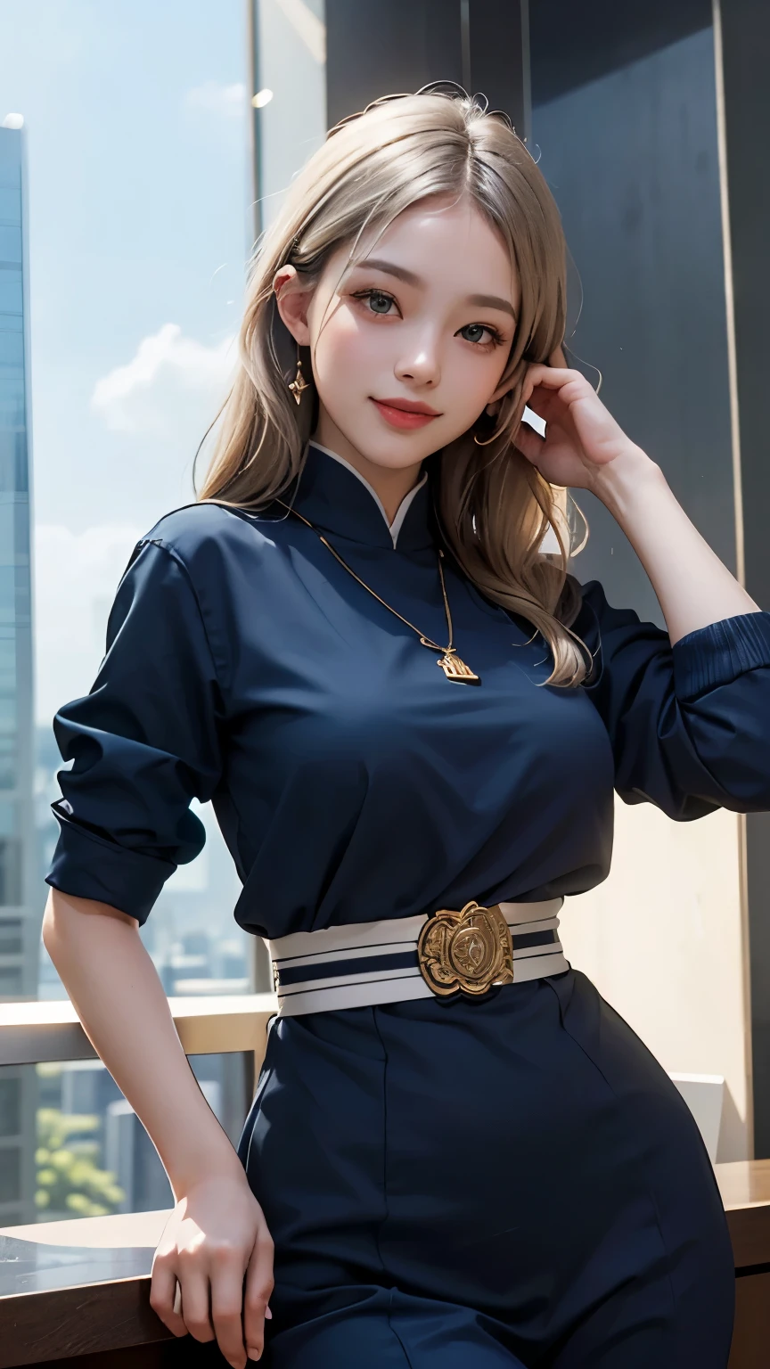 (best quality, 4K, 8k, high resolution, masterpiece:1.2), Super detailed, (actual, photoactual, photo-actual:1.37), (Beautiful and delicate eyes, Beautiful and delicate lips, Extremely detailed eyes and face), studio lighting, Physically based rendering, Vivid color tits, Super big奶, Super big), ((waist)), (军装或navy, have:1.5), (Two-tone color, silver & navy), (soft light, Low light lighting), (portrait, smile and laugh), (skyscraper:1.5),
