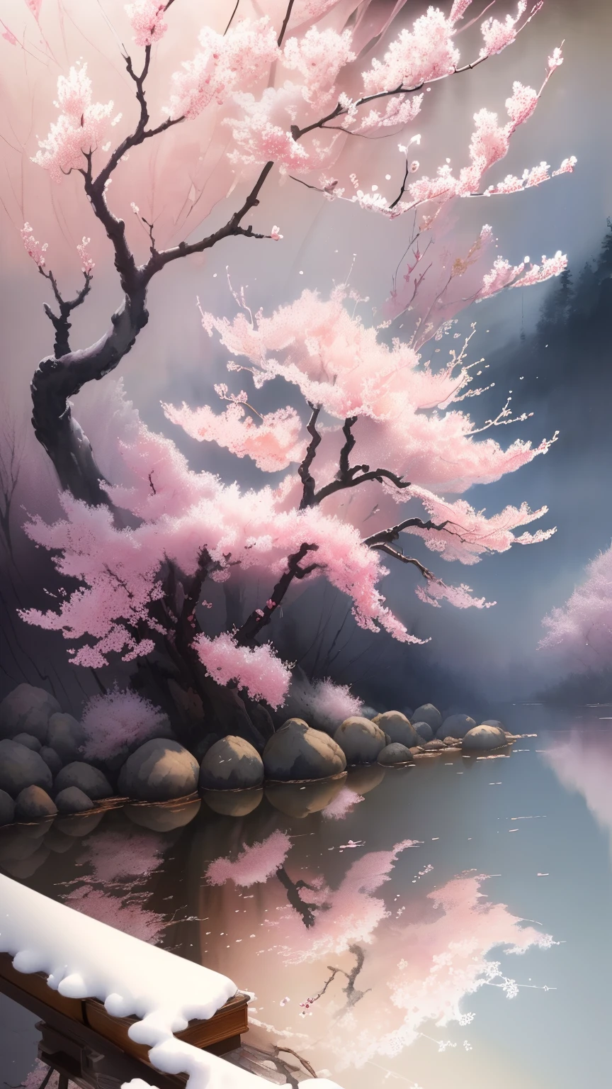 high quality, best quality, 8K CG, Ultra-detailed, HD, masterpiece, Watercolor oil painting，Danqing ink painting，Wintersweet trees blooming in winter，beautiful plum blossoms，antique art，The background  decorated with auspicious clouds and silk ribbons，Elegant and peaceful atmosphere，Concept art illustration，Ink painting color blooming，Light painting rendering，Still life scenes