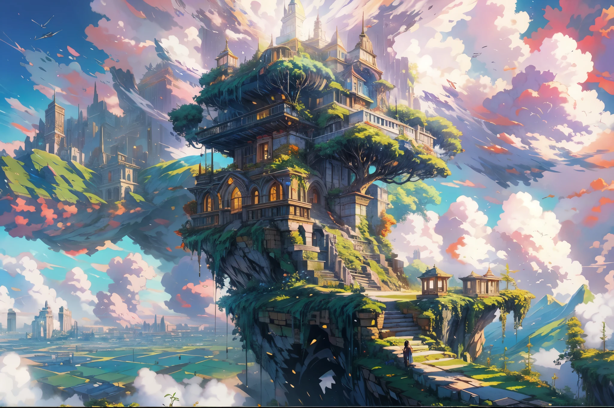 octane render,8K resolution concept art, realism,by Mappa studios,masterpiece,best quality,official art,illustration,ligne claire,(cool_color),perfect composition,absurdres, fantasy,focused,(in the air),(above the cloud:1.4),(finely detailed ancient lost_city:1.3),(lost_city towering above the clouds:1.2),epic,(focus_girl:1.5),(girl in city peak of Broken bridge), sitting on the verge of that bridge looking at the far horizons,rule of thirds,anime_face,fine-tuning face, detailed eyes,cute face,black hair, finely detailed fantasy traveler clothes,calm expression ,overhead_viewer,wind blow at viewer,fantastic plant,book,(Giant World Tree),motion,(depth_of_field), extension image, front view , dreamy colorful cloud 