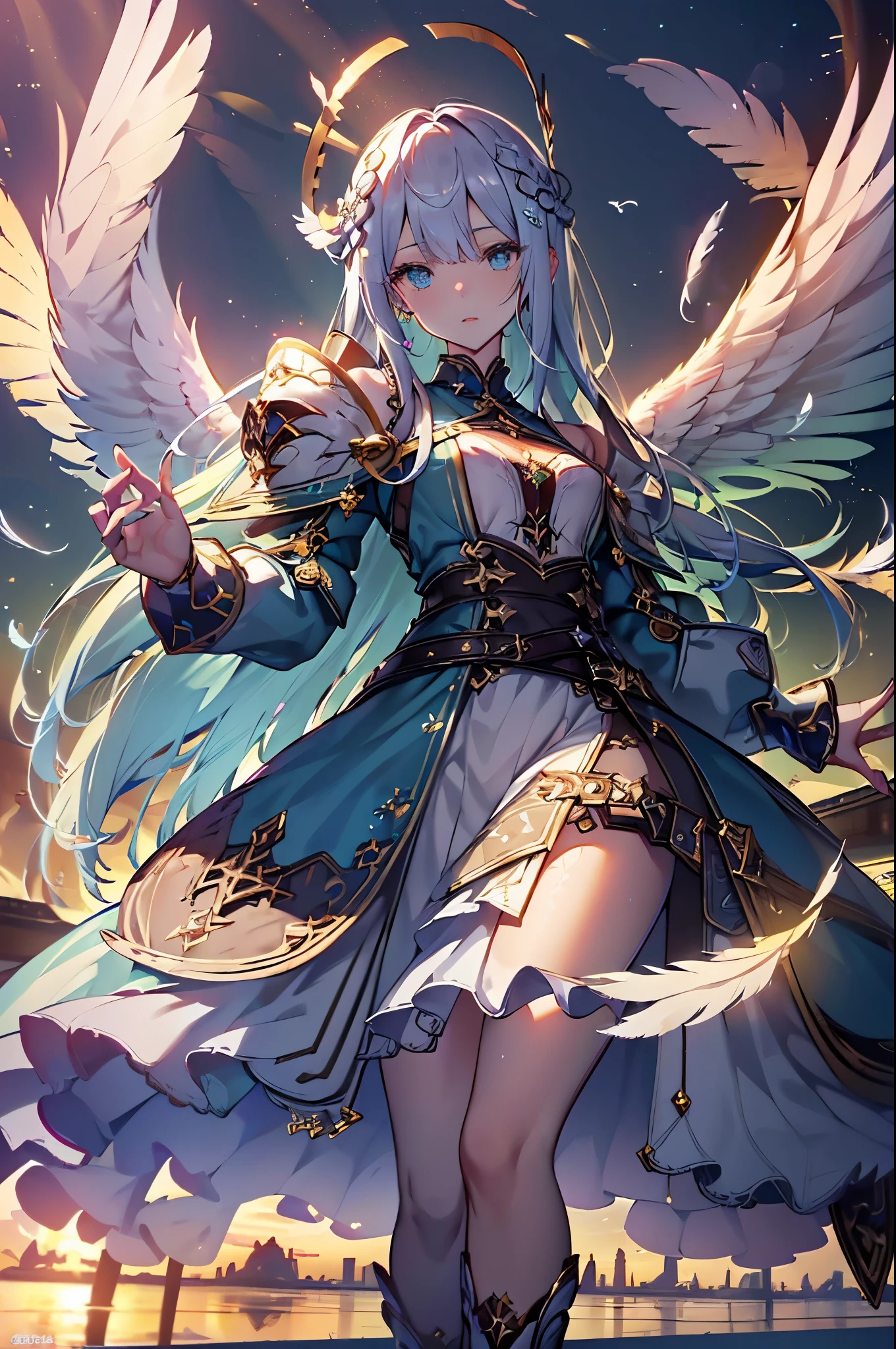(official art、highest quality、Unity 8k wallpaper、32K、masterpiece、super detailed、Super high resolution、best illustrations、so ridiculous:1.2)、(cinematic lighting:1.2)、fire glow effect、The grainiest shadow of the film、rim lighting、side light、(Super detailed and complex 3D rendering)、詳細なbeautiful faceと目、sharp pupils、realistic student、Slender、1men and women、medium bust、(whole body:1.2)、 beautiful face、 beautiful girl、(super dense skin、fine skin texture:1.3)、(silver blonde、blue silver hair:1.Aladdin、long hair、dull bangs、green eyes、3 braids in 1 bundle、(blue armor、blue bootloo helmet、jeweled、gold embroidery)、Slender、mini skirt、(thighs thighs thighs:0.8)、(cheese、in house、artistic stained glass、large pipe organ、halo point、Mysterious、many feathers floating、Angelic、背中にAngelic翼、particles of light、Majestic、sunlight 、Colorful、Fantastic:1.2)、(Fantastic:1.3)、(Holding the holy sword:1.0)、Fantastic、smile with open mouth