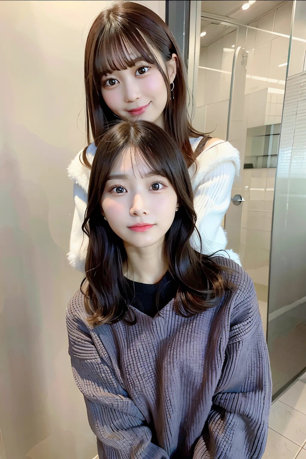 Arafe woman with long brown hair wearing a gray sweater, TWICE's Tzuyu, Chiho, with short hair, Yoshitomo Nara, deayami kojima, cute - well-groomed - face, a 19 years old girl, Chiho ashima, Chen Xintong, ayami kojima amano smile