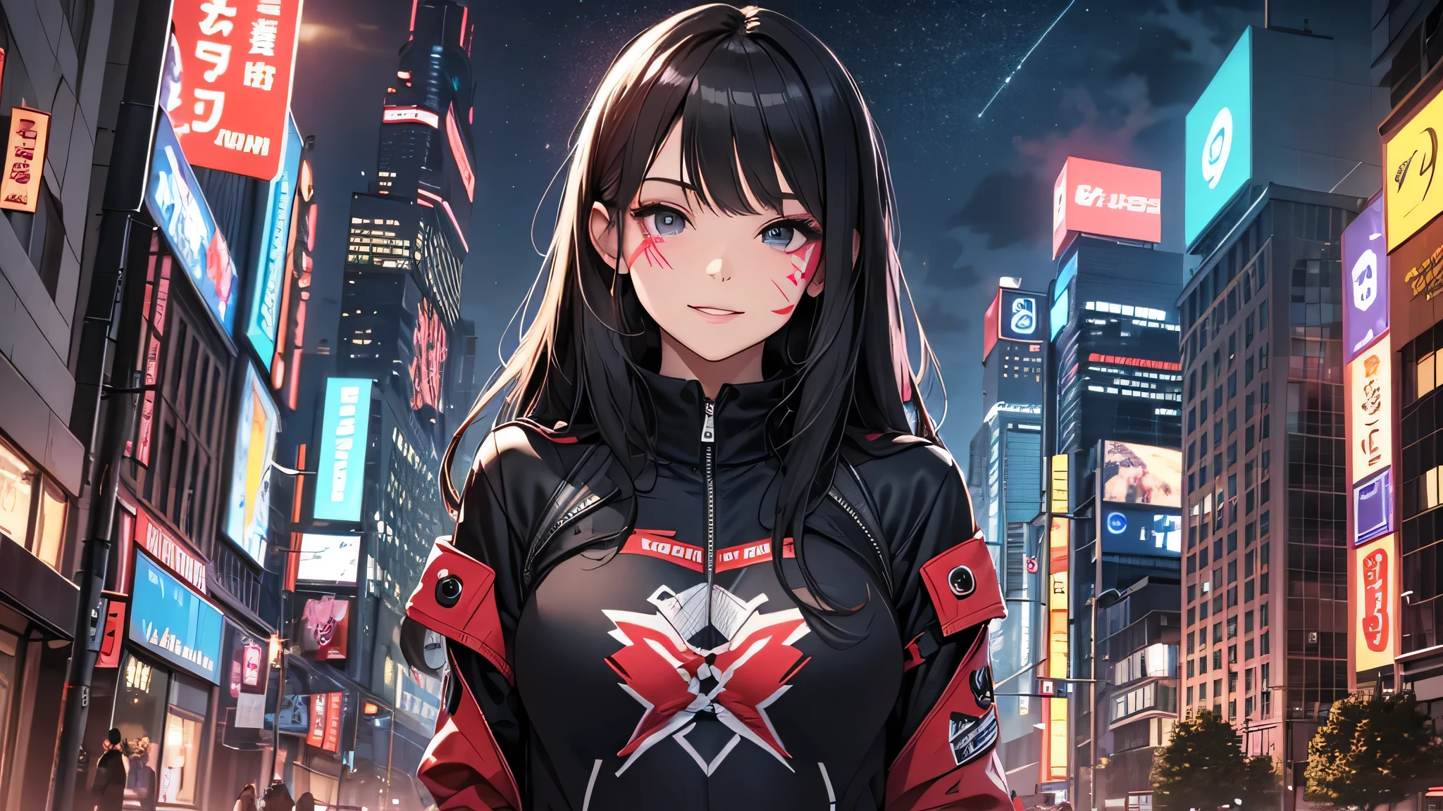 最high quality、best image quality、masterpiece、age girl((18-year-old、 by becoming、vest bust、medium bust,wide open breast tea、black eye, black hair、long hair、thin,highest valley、cute makeup、punk clothing、best smile、Red Face Paint、distressed jeans、distressed jacket、black sports bra、Crouching posture)),high quality、beautiful art、background((cool building rooftop、heliport、night)),pieces fly、Depth of written boundary、movie、visual art、perfect art、