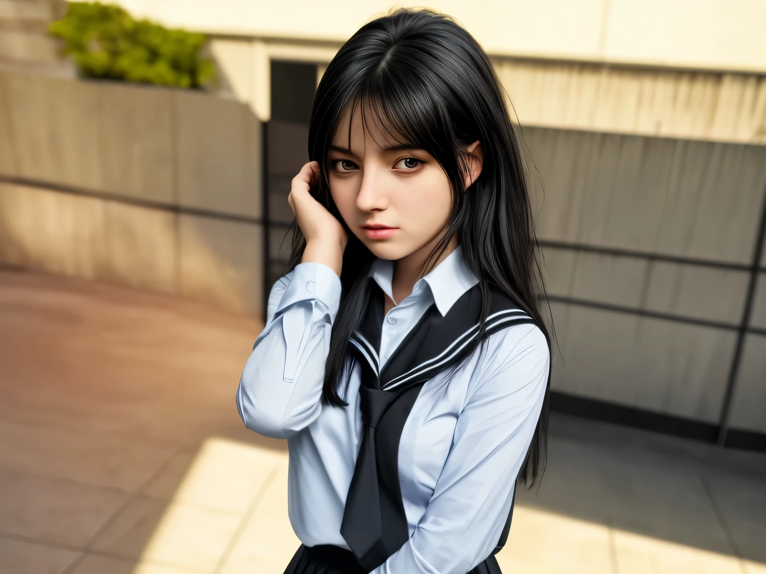 realistic, 1 girl, black hair, school uniform, short skirt, realistic face, 4K