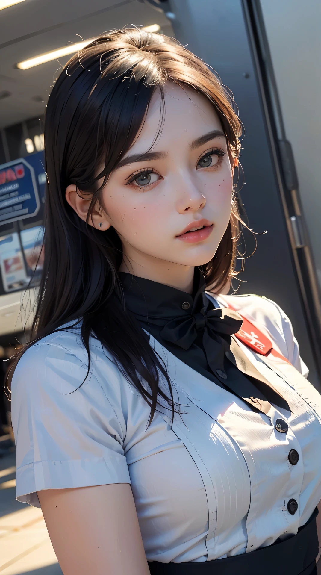(best quality,4K,8k,high resolution,masterpiece:1.2), Super detailed, (actual,photoactual,photo-actual:1.37), (Beautiful and delicate eyes, Beautiful and delicate lips, Extremely detailed eyes and face, long eyelashes), studio lighting,Physically based rendering,Vivid color tits, Super big奶, Super big:0.8), (Airline stewardess:1.5),