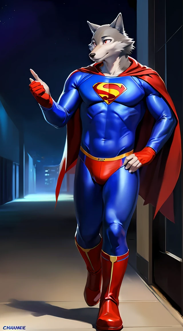 solo, wolf, male, legoshi_(lora), grey fur, grey hand, hi res, soft shading, ( detailed fur 1.1 ), (annoying expression), ( solo 1.1) (detailed), (masterpiece: 1.2), ( full body head to toe show), wearing a superman costume, ( red and blue bodysuit) (spandex superman costume: 1.1), (tight), (red speedo), (red cape), (red boots) red cape, school corridor, night, by chunie
