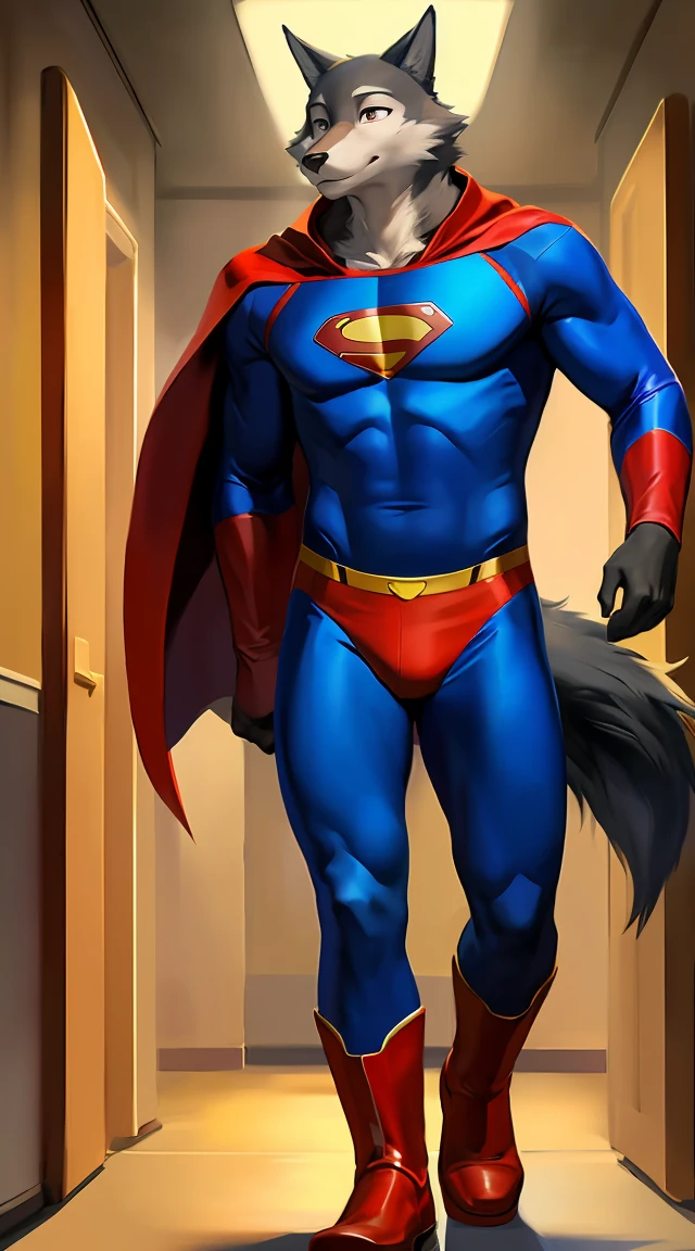 solo, wolf, male, legoshi_(lora), grey fur, grey hand, hi res, soft shading, ( detailed fur 1.1 ), (annoying expression), ( solo 1.1) (detailed), (masterpiece: 1.2), ( full body head to toe show), wearing a superman costume, ( red and blue bodysuit) (spandex superman costume: 1.1), (tight), (red speedo), (red cape), (red boots) red cape, school corridor, night, by chunie 