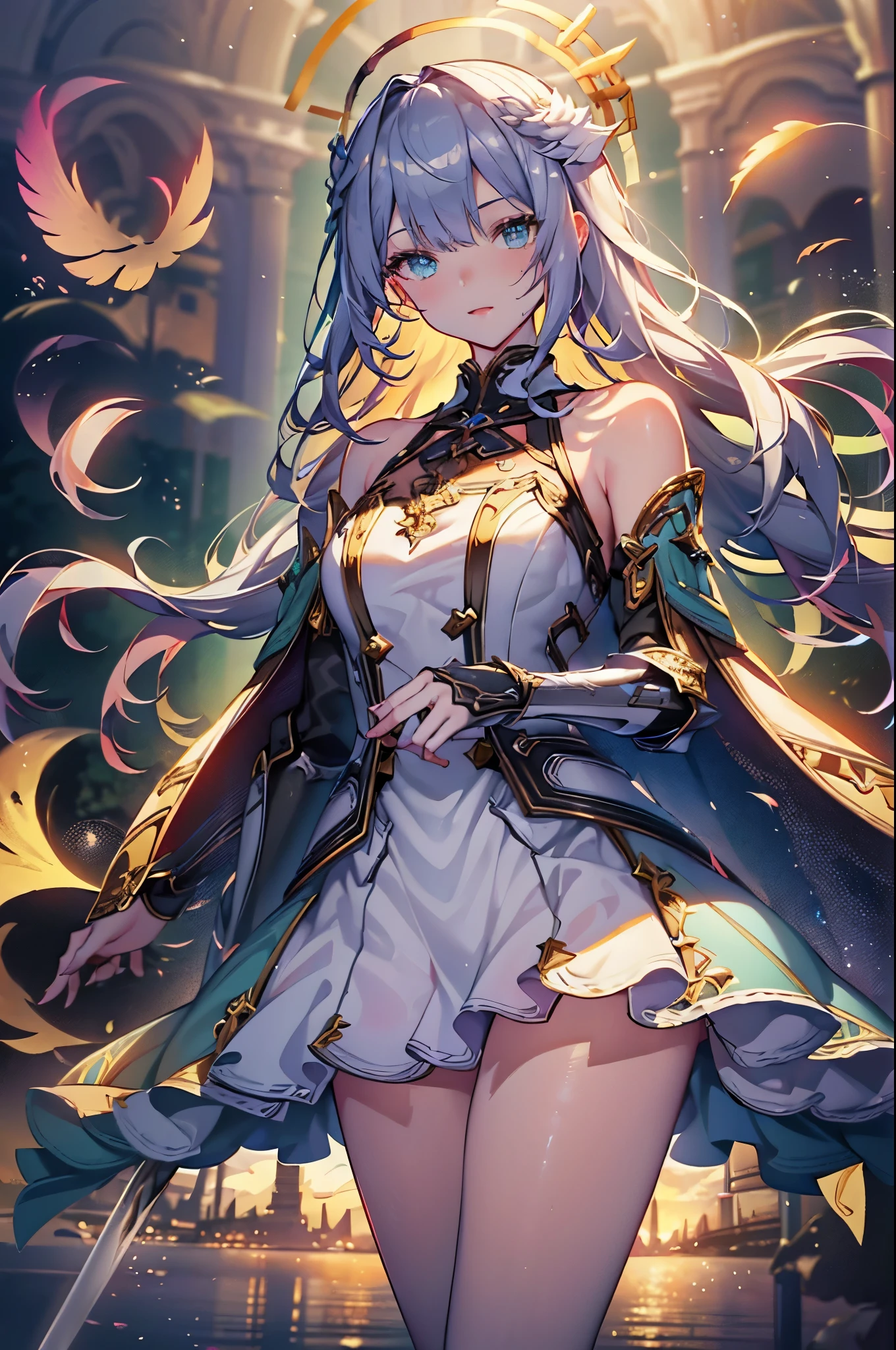 (official art、highest quality、Unity 8k wallpaper、32K、masterpiece、super detailed、Super high resolution、best illustrations、so ridiculous:1.2)、(cinematic lighting:1.2)、fire glow effect、The grainiest shadow of the film、rim lighting、side light、(Super detailed and complex 3D rendering)、詳細なbeautiful faceと目、sharp pupils、realistic student、Slender、1men and women、medium bust、(whole body:1.2)、 beautiful face、 beautiful girl、(super dense skin、fine skin texture:1.3)、(silver blonde、blue silver hair:1.Aladdin、long hair、dull bangs、green eyes、3 braids in 1 bundle、(blue armor、blue bootloo helmet、jeweled、gold embroidery)、Slender、mini skirt、(thighs thighs thighs:0.8)、(cheese、in house、artistic stained glass、large pipe organ、halo point、Mysterious、many feathers floating、Angelic、背中にAngelic翼、particles of light、Majestic、sunlight 、Colorful、Fantastic:1.2)、(Fantastic:1.3)、(Holding the holy sword:1.0)、Fantastic、smile with open mouth