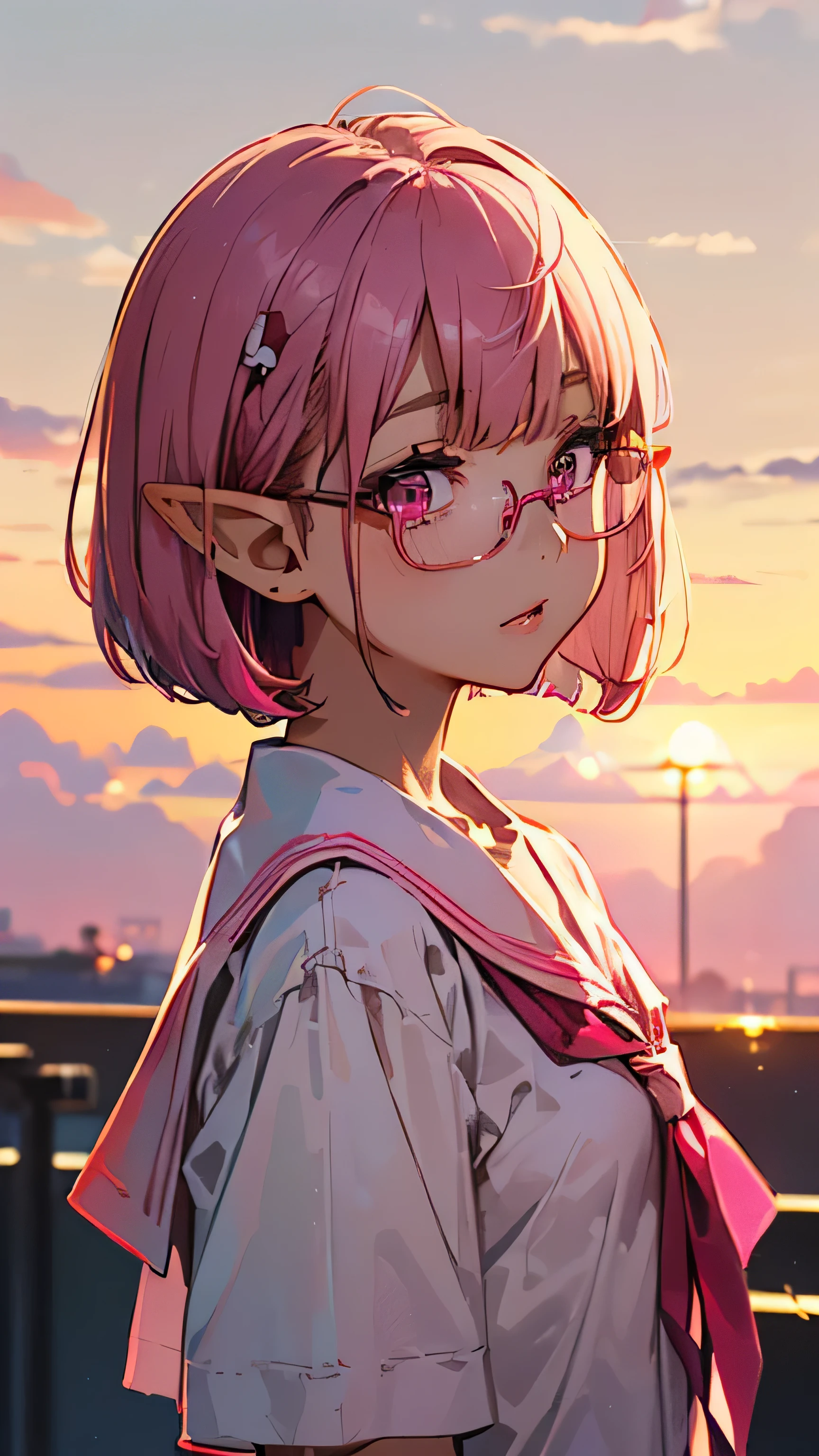 (((Milky pink short bob hair:1.2、thick red glasses with small frames:1、[elf ears:0.7]、magenta eyes:1.2)))Golden hour、Backlight、official fine art，Representative works，hyper detail、masterpiece、highest quality、An illustration、clear lines、curate, anatomically correct、
High resolution, beautiful detailed glow, muste piece(((９age　primary school student)))