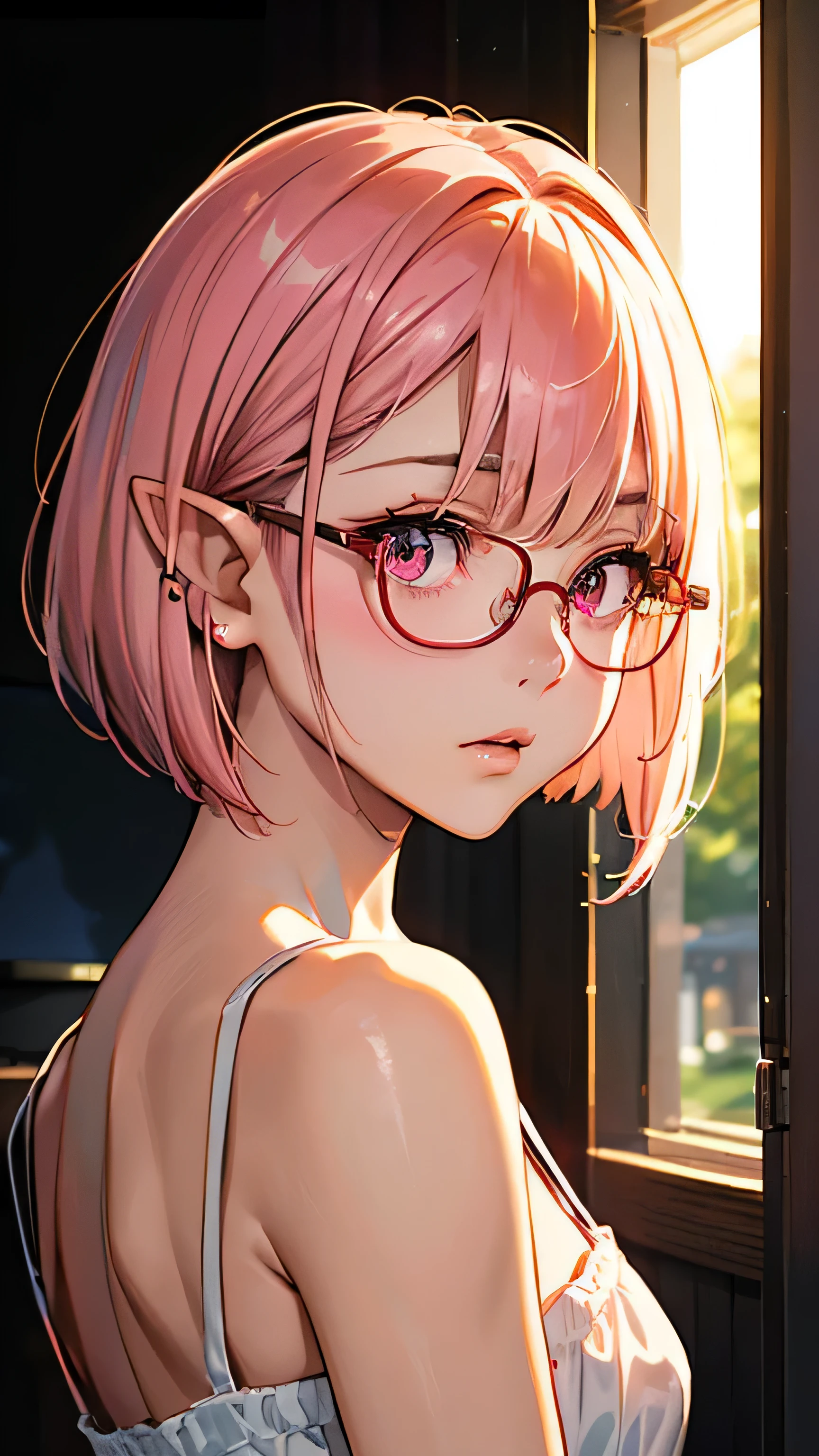 (((Milky pink short bob hair:1.2、thick red glasses with small frames:1、[elf ears:0.7]、magenta eyes:1.2)))Golden hour、Backlight、official fine art，Representative works，hyper detail、octane rendering、masterpiece、highest quality、official art、An illustration、clear lines、(cool_color)、focus、Accurate, anatomically correct、
High resolution, beautiful detailed glow, muste piece*People photography, 3d face, Reality, (muste piece: 1.3), (maximum resolution: 1.2), (ultra high definition tv: 1.2), cinema light, 8K resolution ,masterpiece、highest quality、ultra detail(((13 years old　Middle school students)))