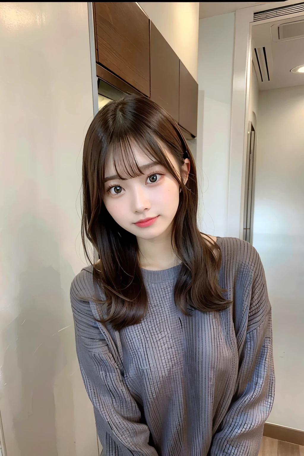 Arafe woman with long brown hair wearing a gray sweater, TWICE's Tzuyu, Chiho, with short hair, Yoshitomo Nara, deayami kojima, cute - well-groomed - face, a 19 years old girl, Chiho ashima, Chen Xintong, ayami kojima amano smile