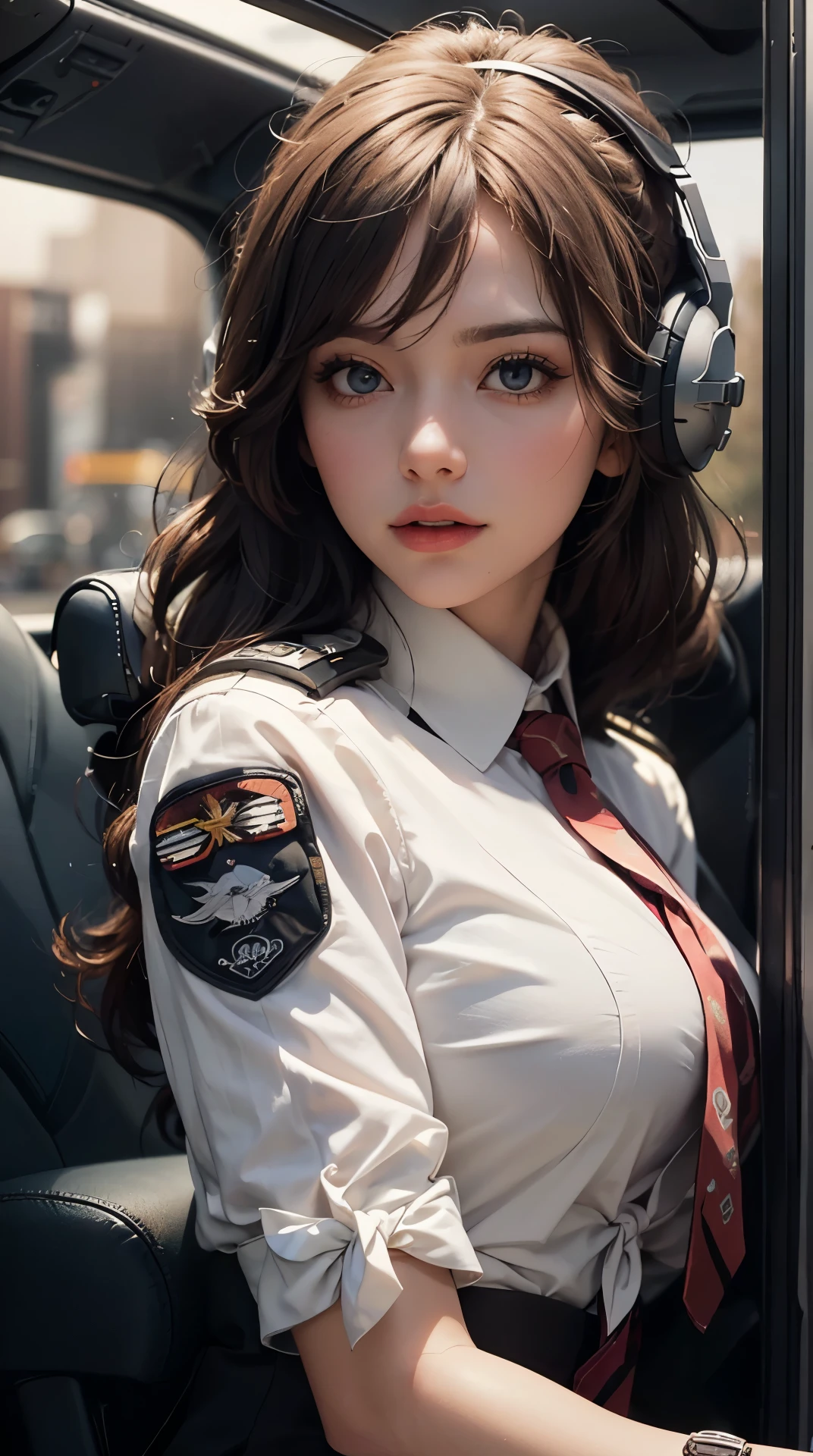 (best quality,4K,8k,high resolution,masterpiece:1.2), Super detailed, (actual,photoactual,photo-actual:1.37), (Beautiful and delicate eyes, Beautiful and delicate lips, Extremely detailed eyes and face), studio lighting, Physically based rendering,Vivid color tits, Super big奶, Super big, yes:0.8), (pilot, tie, have, watch:1.5), (soft light:0.picture, contour:1.5), (cockpit),