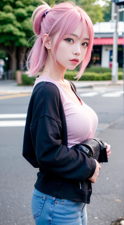 1 girl、foto de la joven (Sana Minatonazi:NamiTamaki:0.5) High resolution 1.2, (8k, RAW Photo, Best quality, Masterpiece), (realistic, photo-realistic:1.4), Ultra detailed, Sana Minatozaki Japanese girl, On the street Tokio,  sexy,  medium height, beautiful woman, Yukata Beauty, the night、A landscape urban、City light、Upper body、sexy, close-up、(realistic blue eyes: 1.2), Asian woman with fine hair pink Cheng Yi, fine hair, inspired by Yanjun Cheng, flowing hair, Realistic skin tone, soft mouth, short pink hair pink, realistic pink short hair with two hair bons pink, very pretty, full body, realistic faces、pink hair,、(8k、raw photography、premium 、​masterpiece:1.2)、(realistic、photorealistic:1.37), (pink hair), Ear hair, medium tits, ), wearing black t-shirt:1.2 , long jeans with rips with a worn look, black jacket punk style with studs and tacks, pink and white sneakers