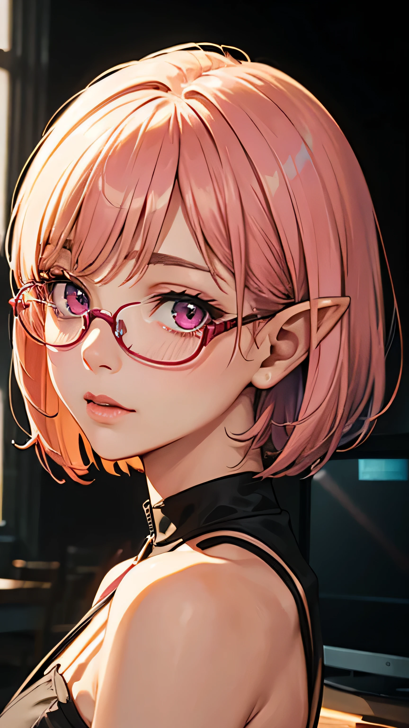 (((Milky pink short bob hair:1.2、thick red glasses with small frames:1、[elf ears:0.7]、magenta eyes:1.2)))Golden hour、Backlight、official fine art，Representative works，hyper detail、octane rendering、masterpiece、highest quality、official art、An illustration、clear lines、(cool_color)、focus、Accurate, anatomically correct、
High resolution, beautiful detailed glow, muste piece*People photography, 3d face, Reality, (muste piece: 1.3), (maximum resolution: 1.2), (ultra high definition tv: 1.2), cinema light, 8K resolution ,masterpiece、highest quality、ultra detail(((２１age　university student)))