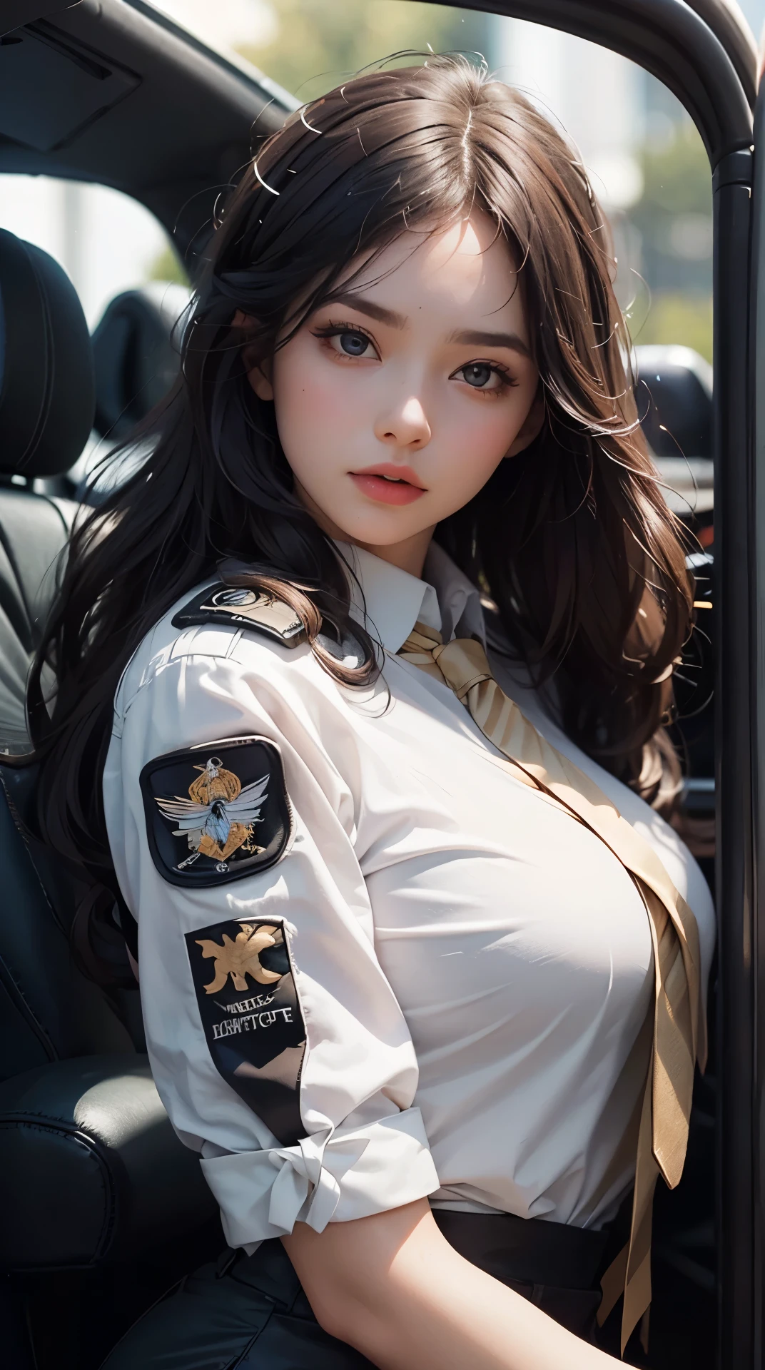 (best quality,4K,8k,high resolution,masterpiece:1.2), Super detailed, (actual,photoactual,photo-actual:1.37), (Beautiful and delicate eyes, Beautiful and delicate lips, Extremely detailed eyes and face), studio lighting, Physically based rendering,Vivid color tits, Super big奶, Super big, yes:0.8), (pilot, tie, have, watch:1.5), (soft light:0.picture, contour:1.5), (cockpit),