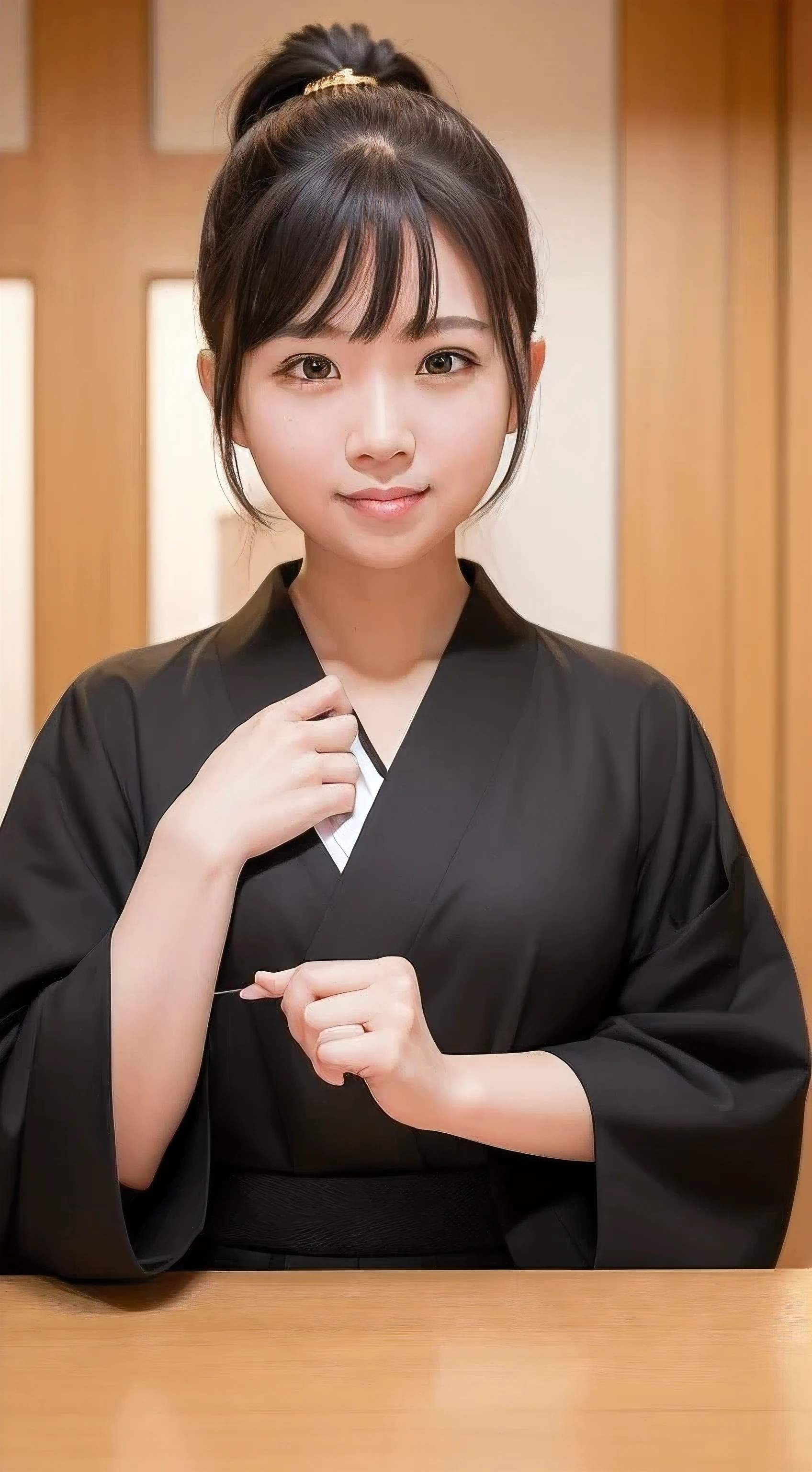 masterpiece, highest quality, Upper body, cute, so beautiful , ((Front view)), ((Front view)), ponytail hair, black hair, cute, smile, shrine, shining background, Golden kimono, Turn to the side that looks at the photo, The photo shows the shoulders and head., the body is facing forward, ((The body is directly in front of you)), ((Face in front))