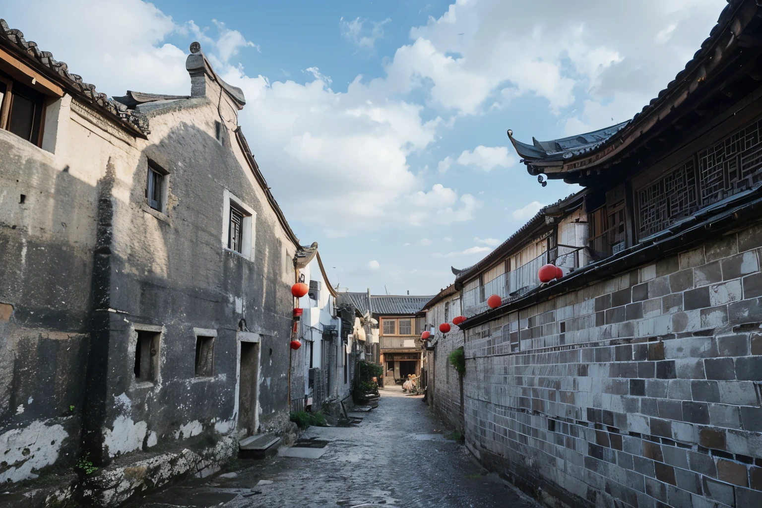 There a cobblestone street,There are stone buildings and lanterns, china village, Dream China Town, zhouzhuang ancient town, ancient city of white stone, old asian village, ancient Chinese architecture, ancient city streets behind her, ancient building, Chinese architecture, historical context, In a narrow Chinese alley, Tang Dynasty Palace, buildings carved from stone, old town