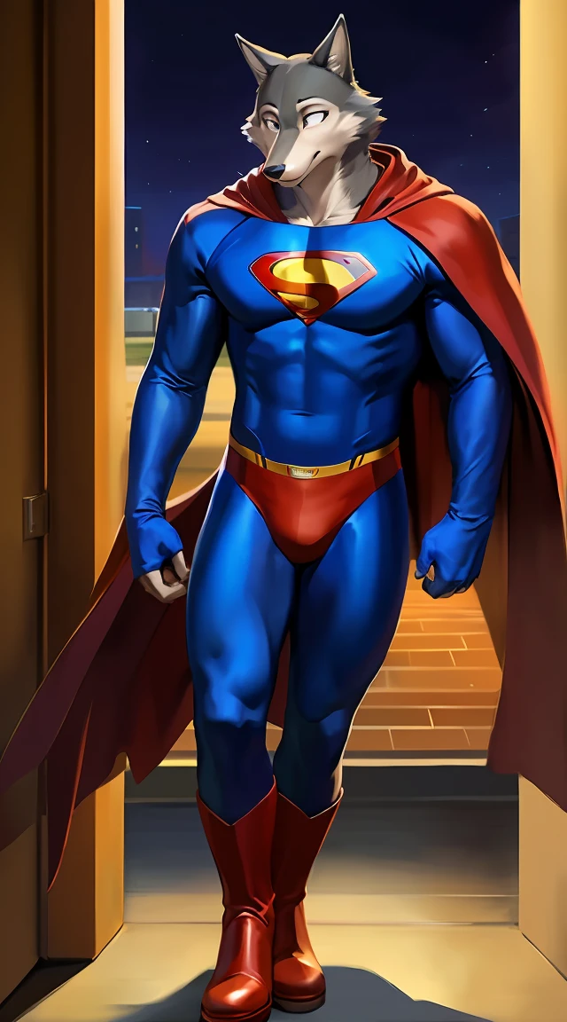 duo, wolf, male, legoshi_(lora), grey fur, grey hand, hi res, soft shading, ( detailed fur 1.1 ), (Embarrassing expression), ( solo 1.1) (detailed), (masterpiece: 1.2), ( full body head to toe show), wearing a superman costume, (red and blue bodysuit) (spandex superman costume: 1.1), (tight), (red speedo), (red cape), (red boots) red cape, school corridor, night, by chunie