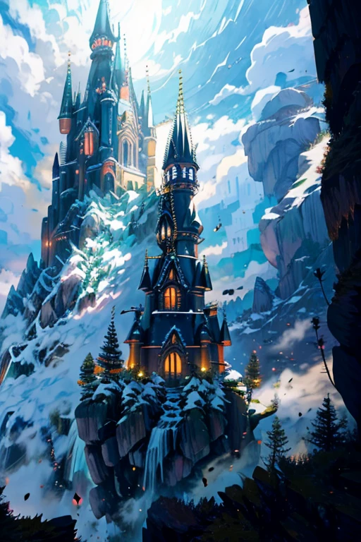 Neoclassicism, drop shadow, masterpiece，Midnight hour，A tall Gothic castle stands on the mountains，Above the clouds，It uses the Milky Way as its curtain，Mountain as stage。Clouds and shooting stars intertwined，It seems to be an otherworldly scenery。The picture  like a symphony of colors。（warm light：1.25），（Waterfalls cascade down），Colorful gems floating around the castle，Looks very dreamy