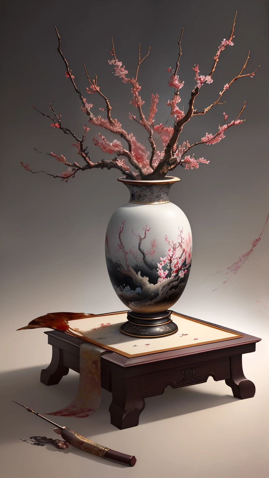 high quality, best quality, 8K CG, Ultra-detailed, HD, masterpiece, Watercolor oil painting，Danqing ink painting，Several branches of wintersweet in a beautiful vase，Red plum blossoms，antique art，The background  decorated with auspicious clouds and silk ribbons，Elegant and peaceful atmosphere，Concept art illustration，Ink painting color blooming，Light painting rendering，Still life scenes