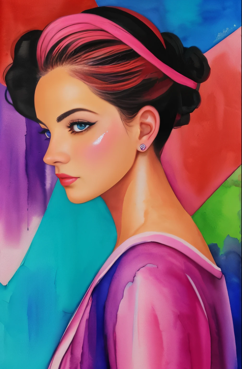 A painting of a woman with a magenta and orange face, Sylvia Pelissero watercolors, tumbler, figurative art, Intense watercolor painting, watercolor detailed art, watercolor splash, surreal, Avant-garde pop art, Beautiful and expressive painting, Beautiful artwork illustration, very colorful tones, Fantastic, cool beauty, highest quality,official art, women only, sharp outline, best shot