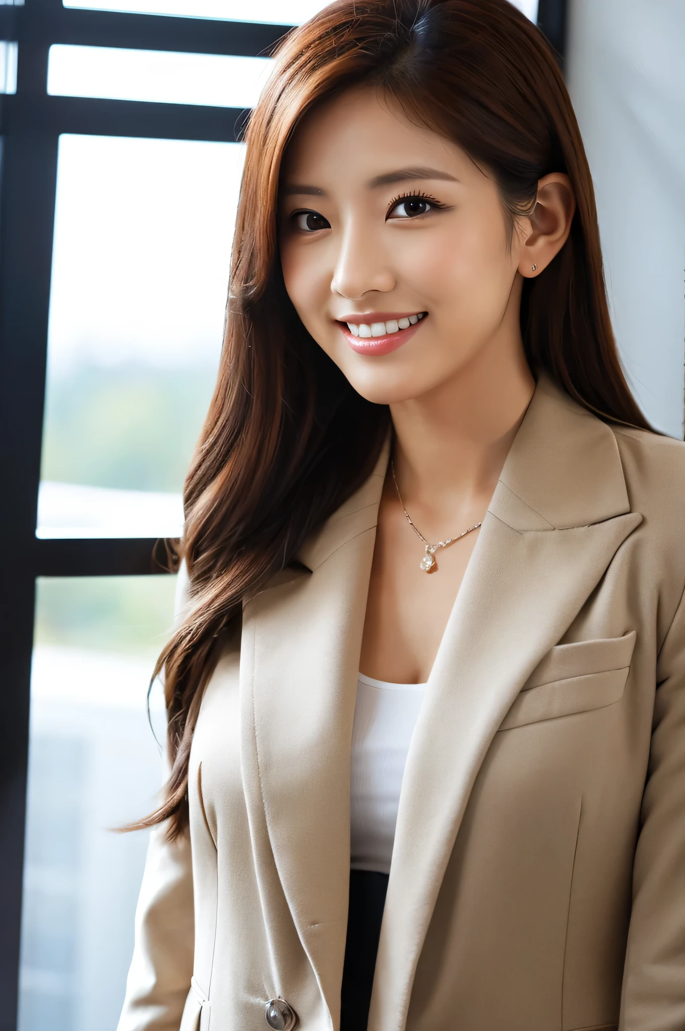 Highest resolution, 4K, Masterpiece: 1.3), A Japanese milf, photo of one lady, Sexy: 1.1, fine eyes, Slender figure, Realistic teeth, double eyelids, full body, best quality, detailed, business suits, at the office