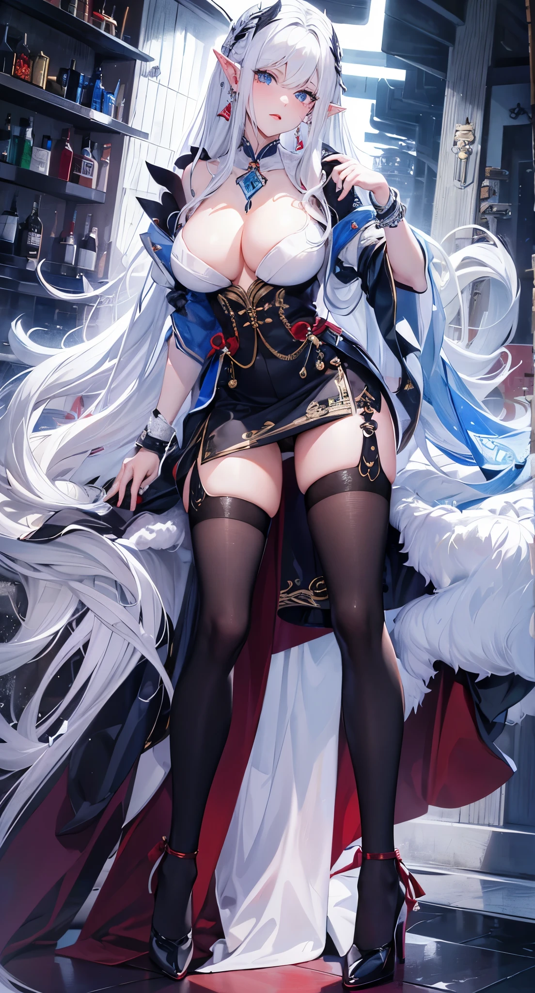 (white hair ),白色long hair,close up,dream world,Elf mature, 银白色long hair,long hair,tear nevus,earrings,(red lips,earrings),necklace,a pair of bracelets,Sling blue hip skirt,humanoid, paris bar background, her skin white, fair complexion,blue eyes,白色long hair, Two long black stocking legs,High heel,black legs,,tattoo
