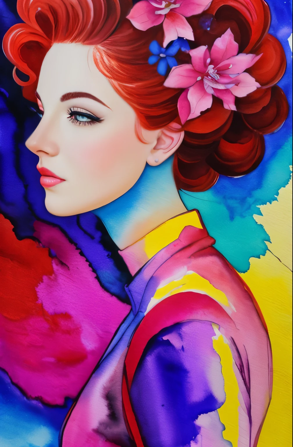 A painting of a woman with a magenta and orange face, Sylvia Pelissero watercolors, tumbler, abstract art, Intense watercolor painting, watercolor detailed art, watercolor splash, surreal, Avant-garde pop art, Beautiful and expressive painting, Beautiful artwork illustration, very colorful tones, Fantastic, cool beauty, highest quality,official art, women only, sharp outline, best shot