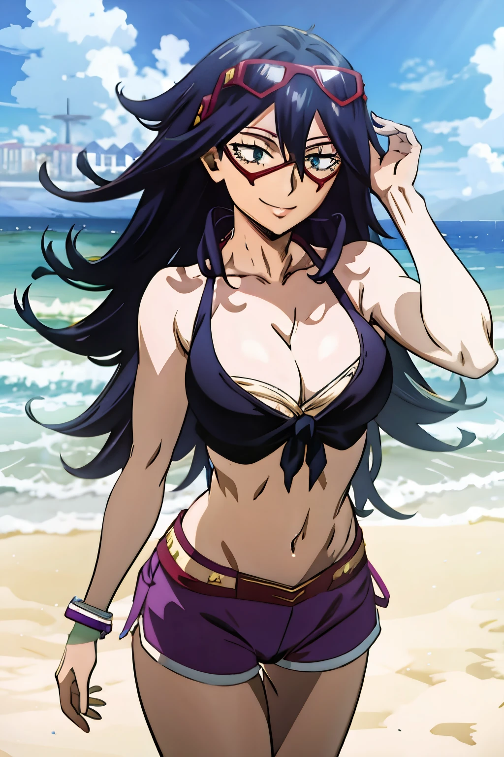 2d anime, woman, midnight from my hero academia, beach, black hair, eyeglasses, smiling, bikini, cleavage, stomach, legs, sexy, perfect body, fair skin, highres, masterpiece, best quality, ultra detailed, naked, nude, nipples, pussy, bare breasts, sex