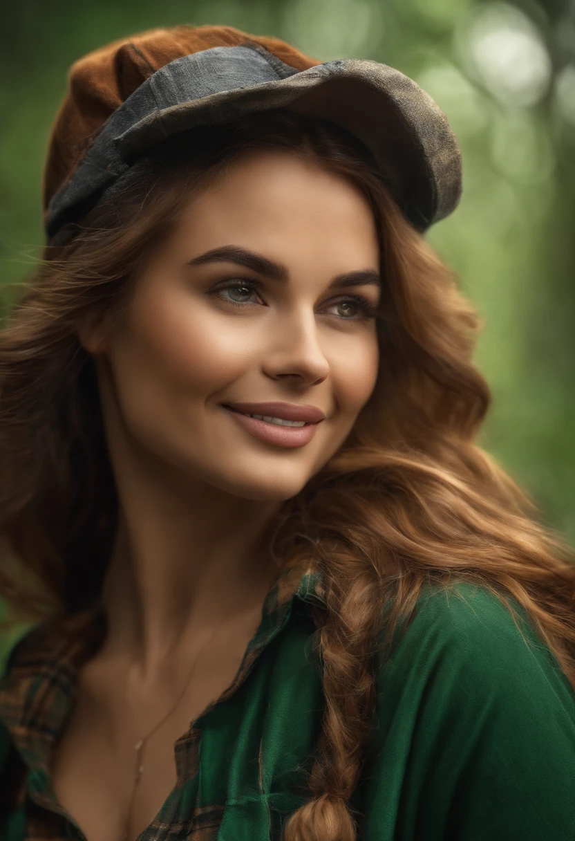 (obra de arte),(melhor qualidade), uma mulher com cabelos longos e ruivos, com algumas pintas no rosto, seu sorriso lindo e leve,  lumberjack cap, 8k, super detalhe, preciso, melhor qualidade, Ultra HD, Pele texturizada, roupa de xadrez verde, floresta.