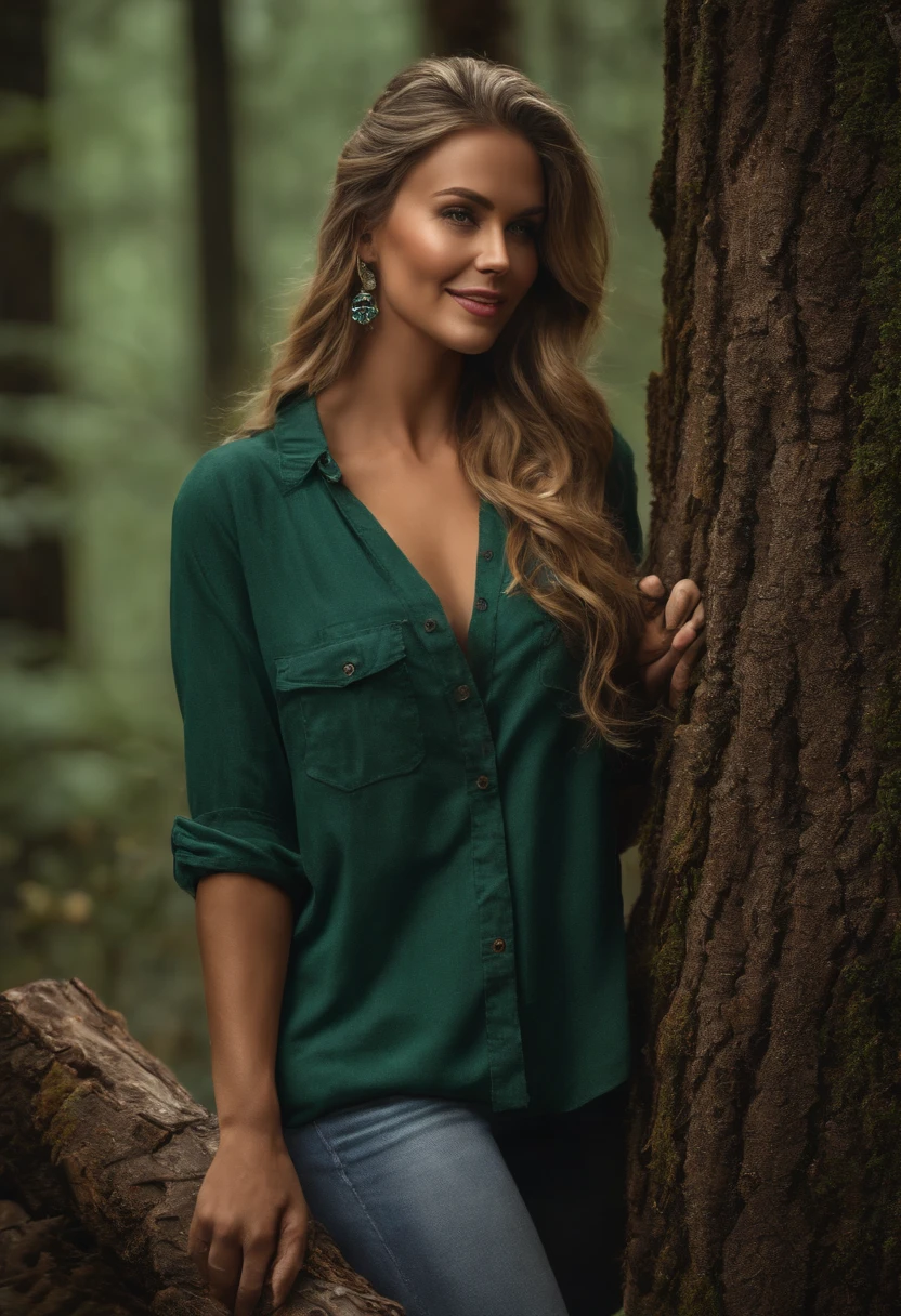 (obra de arte),(melhor qualidade), uma mulher com cabelos longos e ruivos, com algumas pintas no rosto, seu sorriso lindo e leve,  lumberjack cap, 8k, super detalhe, preciso, melhor qualidade, Ultra HD, Pele texturizada, roupa de xadrez verde, floresta.
