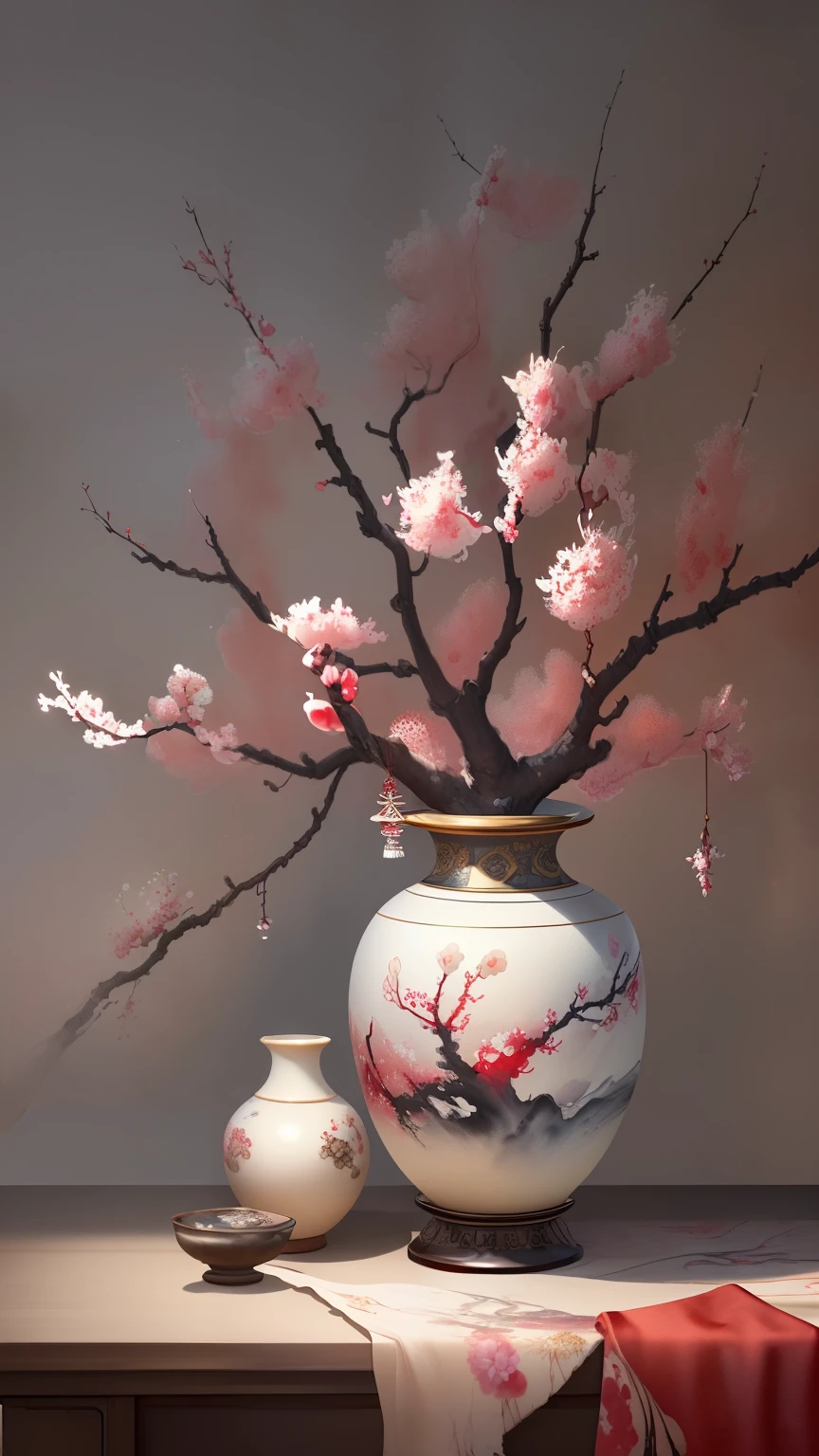 high quality, best quality, 8K CG, Ultra-detailed, HD, masterpiece, Watercolor oil painting,Danqing ink painting,Several branches of wintersweet in a beautiful vase,Red plum blossoms,antique art,The background decorated with auspicious clouds and silk ribbons,Elegant and peaceful atmosphere,Concept art illustration,Ink painting color blooming,Light painting rendering,Still life scenes