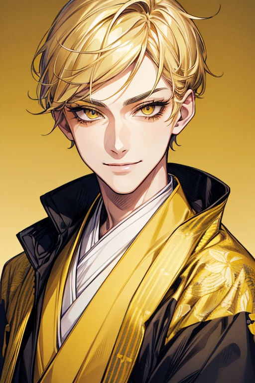 (muste piece), (best quality), extremely detailed, 1 man, solo, perfect face, pretty face, highly detailed face，yellow short hair, long yellow eyelashes、yellow eyebrows、Handsome man with expressive eyes, smiling, yellow eyes、((kimono、detailed design))