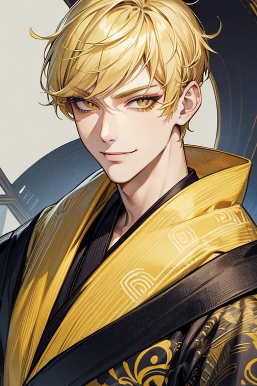 (muste piece), (best quality), extremely detailed, 1 man, solo, perfect face, pretty face, highly detailed face,yellow short hair, long yellow eyelashes、yellow eyebrows、Handsome man with expressive eyes, smiling, yellow eyes、((kimono、detailed design))