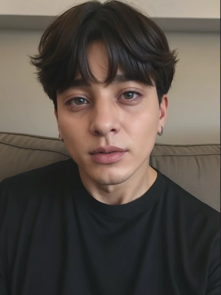 there a man in a black shirt sitting on a sofa, Jungkook \his right eyelid is swollen, Jungkook \los labios delgados y grandes jeon jungkook, jeon CEO, jungkook, jungkook, jungkook/nariz griega, maldibula marcada Jeon jungkook, piel suave y blanca, foto de perfil en la cabeza, Jungkook