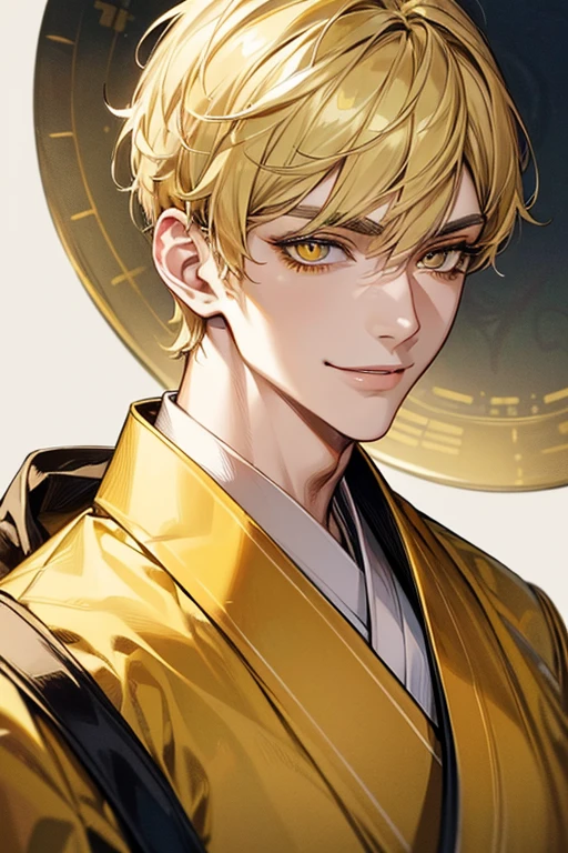 (muste piece), (best quality), extremely detailed, 1 man, solo, perfect face, pretty face, highly detailed face,yellow short hair, long yellow eyelashes、yellow eyebrows、Handsome man with expressive eyes, smiling, yellow eyes、((kimono、detailed design))