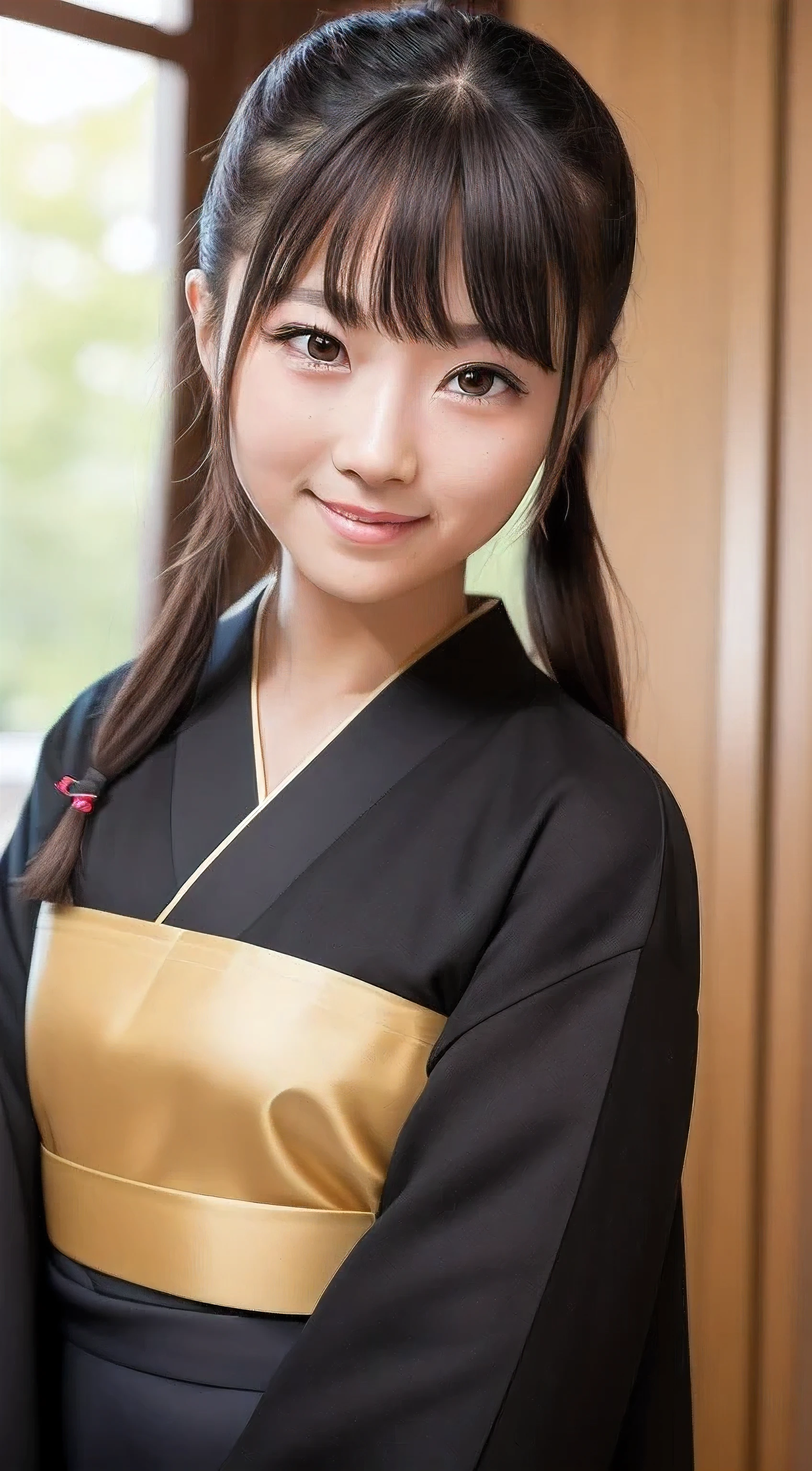 masterpiece, highest quality, Upper body, cute, so beautiful , ((Front view)), ((Front view)), ponytail hair, black hair, cute, smile, shrine, shining background, Golden kimono, Turn to the side that looks at the photo, The photo shows the shoulders and head., the body is facing forward, ((The body is directly in front of you)), ((Face in front))