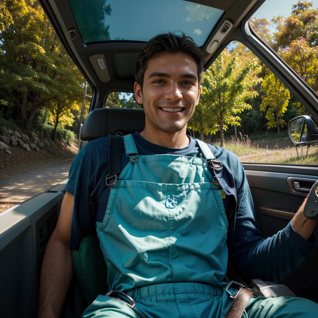 paisagem, qualidade obra prima, Mechanical man smiling in blue overalls and green shirt, Autumn Scenery to Autumn Afternoon, macio, natural lighting, Vehicle bottom with open vehicle hood gently blurred.