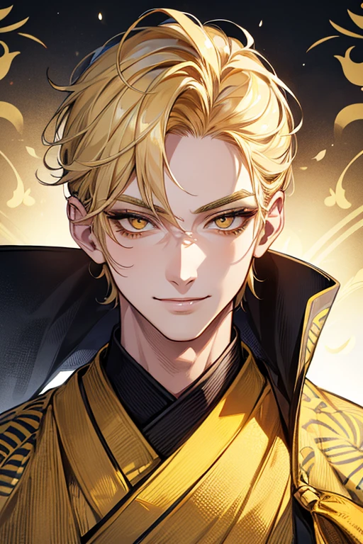(muste piece), (best quality), extremely detailed, 1 man, solo, perfect face, pretty face, highly detailed face,yellow short hair, long yellow eyelashes、yellow eyebrows、Handsome man with expressive eyes, smiling, yellow eyes、((kimono、detailed design))、Huangze Ryota