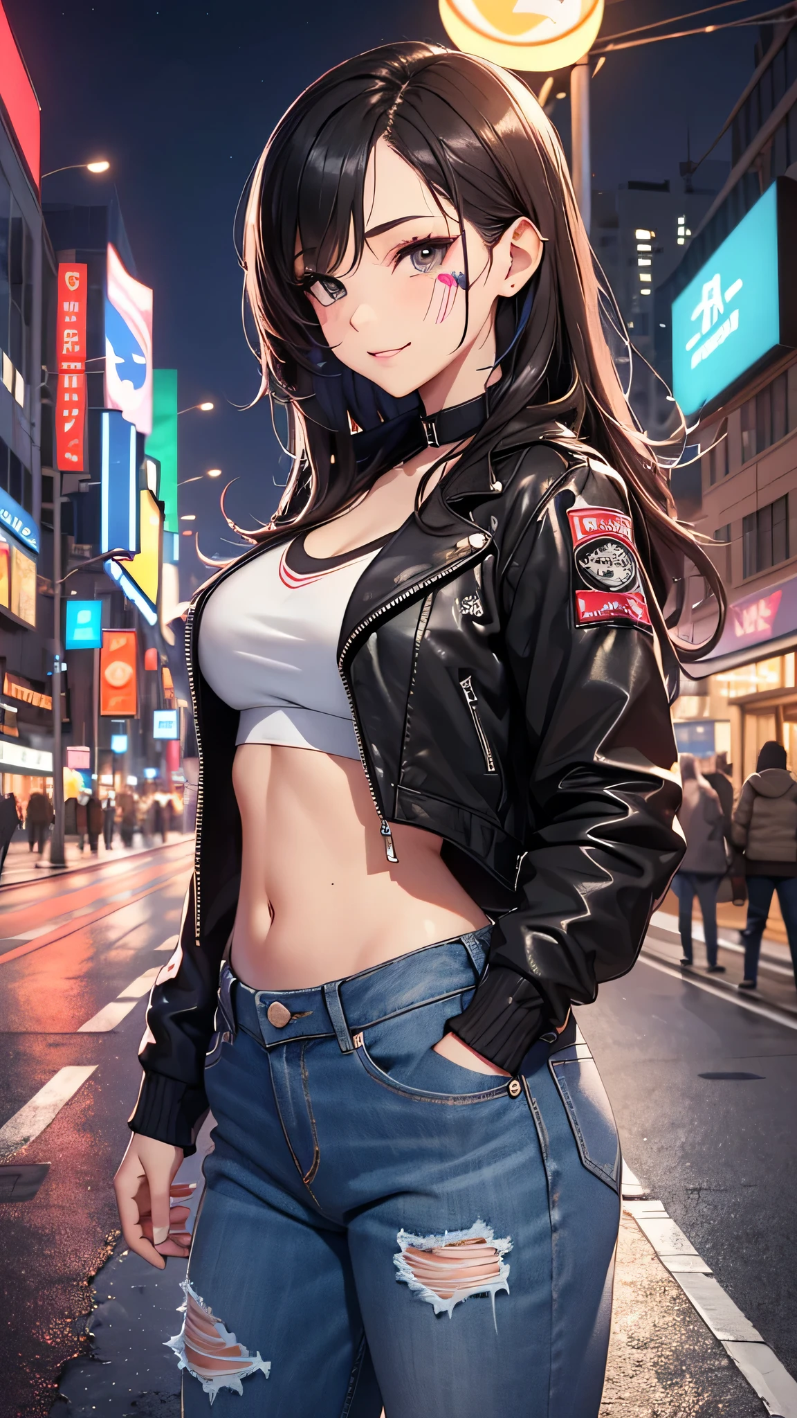 最high quality、best image quality、masterpiece、teenage girl((18-year-old、 by becoming、vest bust、medium bust,wide open breast tea、black eye, black hair、long hair、thin,highest valley、cute makeup、punk clothing、best smile、Red Face Paint、distressed jeans、distressed jacket、black sports bra、Rear view、turn around、walk)),high quality、beautiful art、background((In front of the hotel at night)),pieces fly、Depth of written boundary、movie、visual art、perfect art、