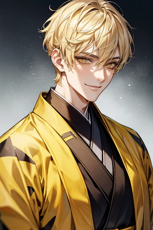 (muste piece), (best quality), extremely detailed, 1 man, solo, perfect face, pretty face, highly detailed face,yellow short hair, long yellow eyelashes、yellow eyebrows、Handsome man with expressive eyes, smiling, yellow eyes、((kimono、detailed design))、Huangze Ryota