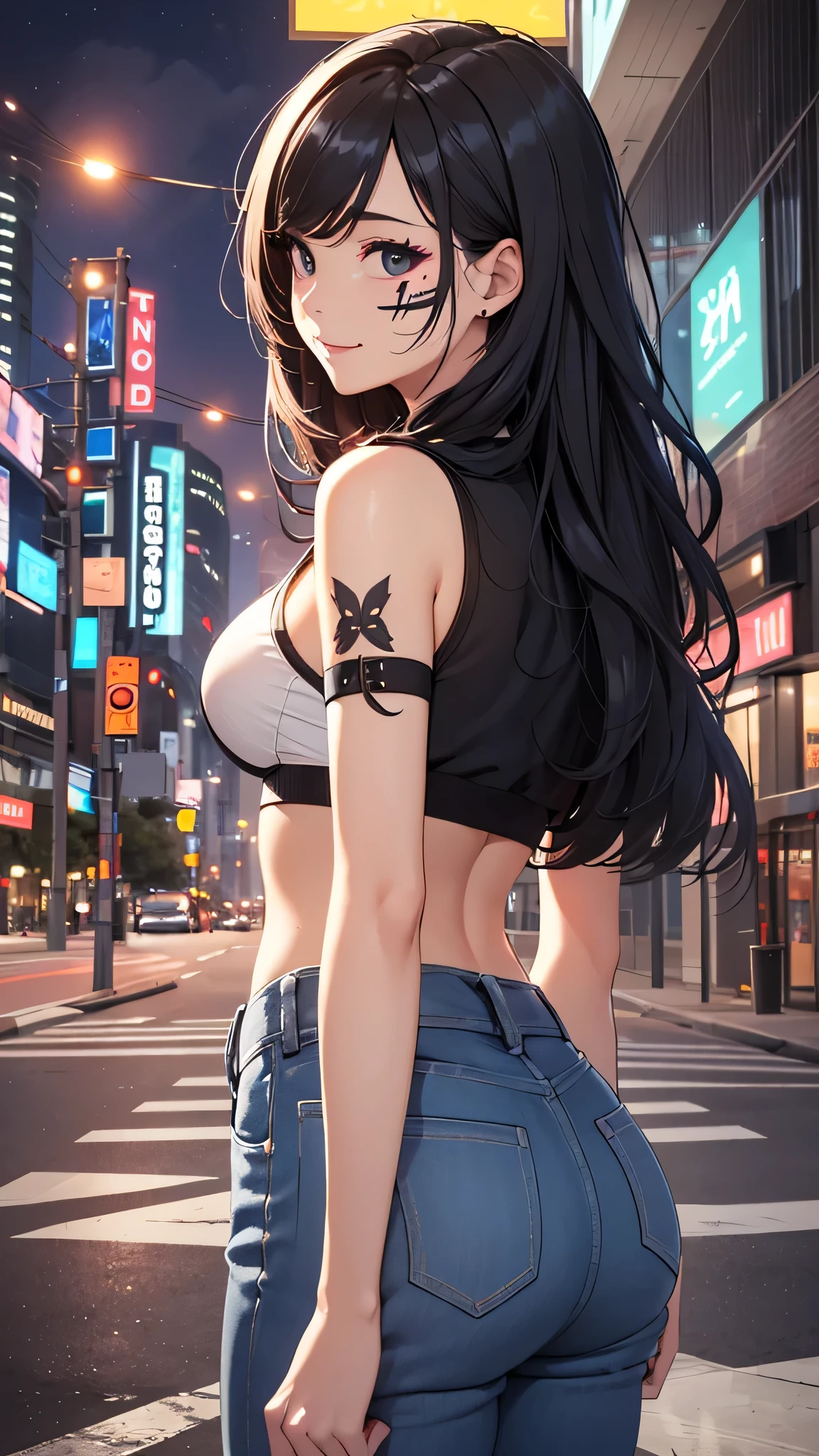 最high quality、best image quality、masterpiece、age girl((18-year-old、 by becoming、vest bust、medium bust,wide open breast tea、black eye, black hair、long hair、thin,highest valley、cute makeup、punk clothing、best smile、Red Face Paint、distressed jeans、distressed jacket、black sports bra、Rear view、turn around、walk)),high quality、beautiful art、background((In front of the hotel at night)),pieces fly、Depth of written boundary、movie、visual art、perfect art、