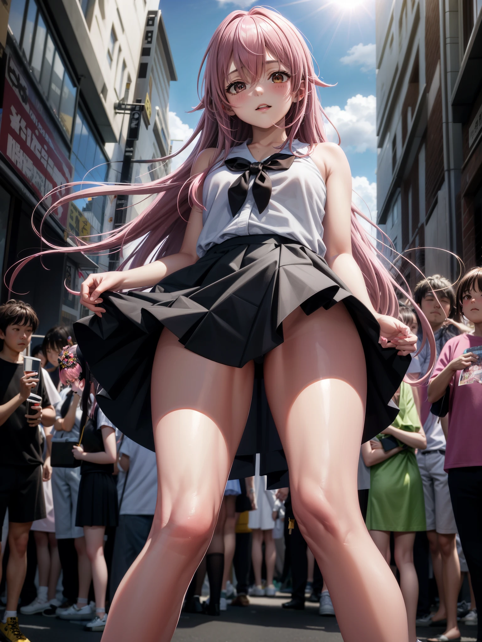 masterpiece, best quality, high resolution, ridiculous, 1 girl, crowd, skirt, pink hair, Kasai Yuno, from below, revealing clothes, Dentate skin, outdoor, Sunlight, street, looking at the audience, blush,