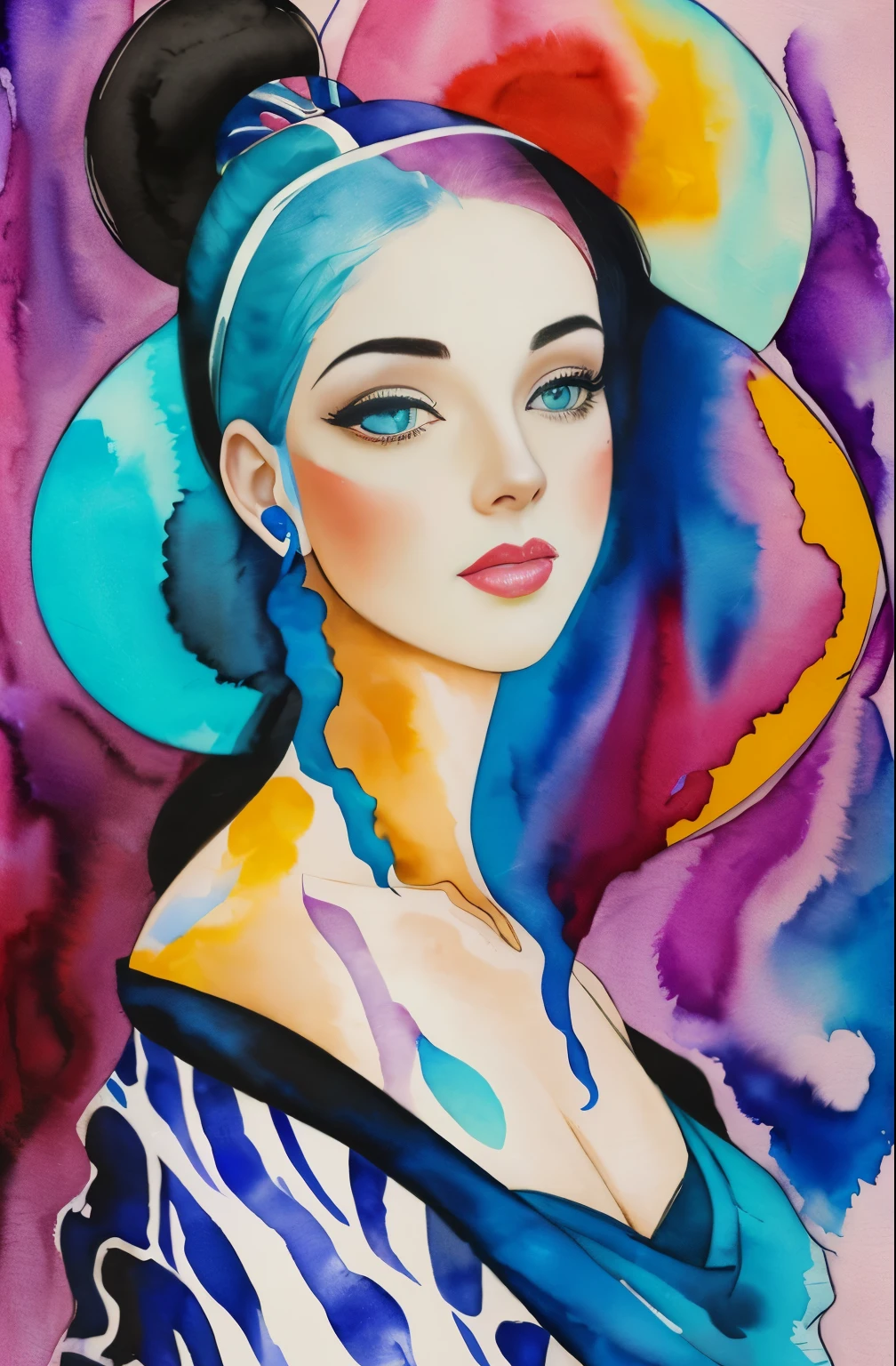 Painting of a woman with a blue and black face, Sylvia Pelissero watercolors, tumbler, abstract art, Intense watercolor painting, watercolor detailed art, watercolor splash, surreal, Avant-garde pop art, Beautiful and expressive painting, Beautiful artwork illustration, very colorful tones, Fantastic, cool beauty, highest quality,official art, women only, sharp outline, best shot